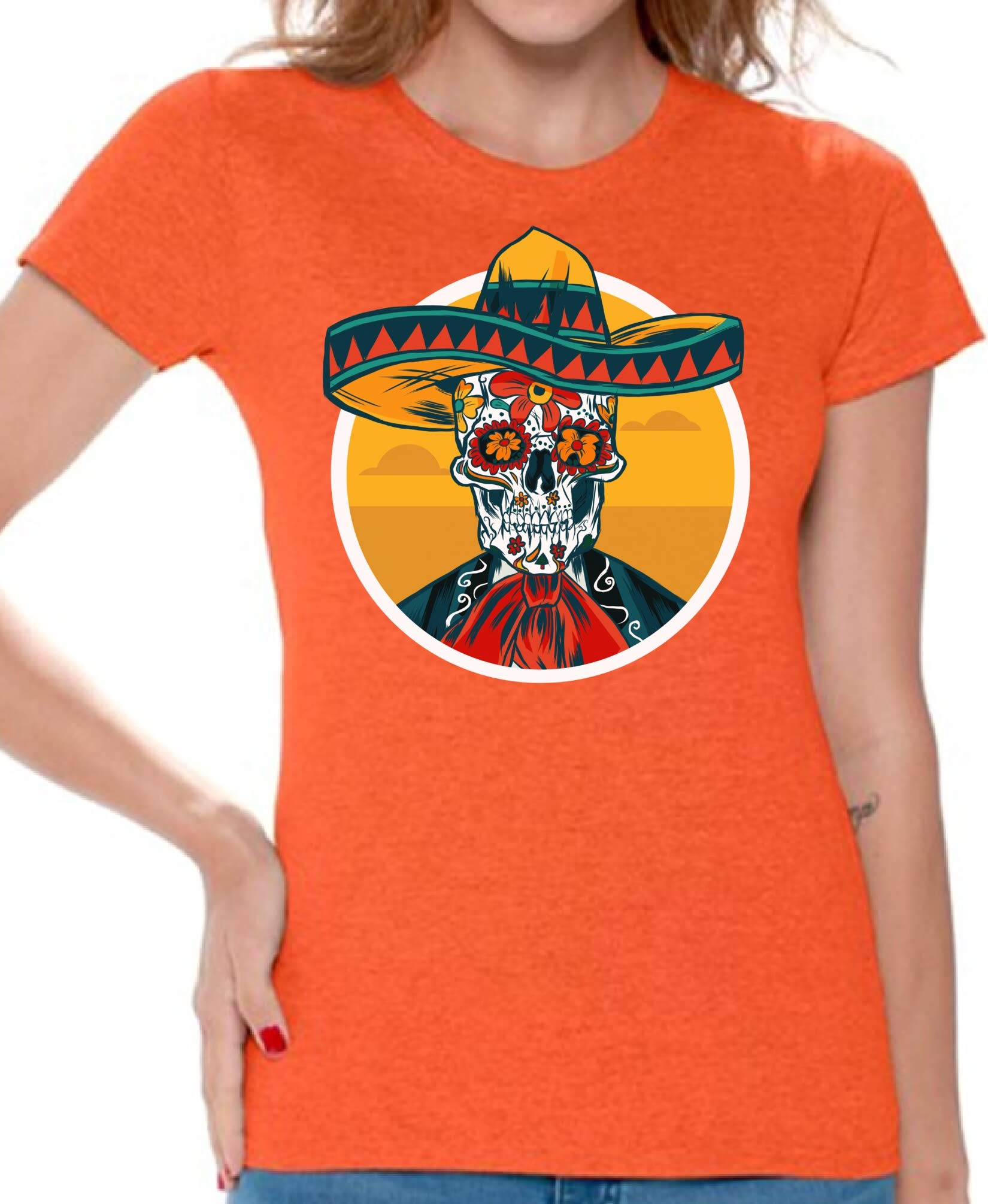 Awkward Styles Women's Skull & Sombrero Skeleton Graphic T-Shirt | Cool Mexican Day of The Dead Design | Perfect for Halloween, Dia de Muertos & Casual Wear