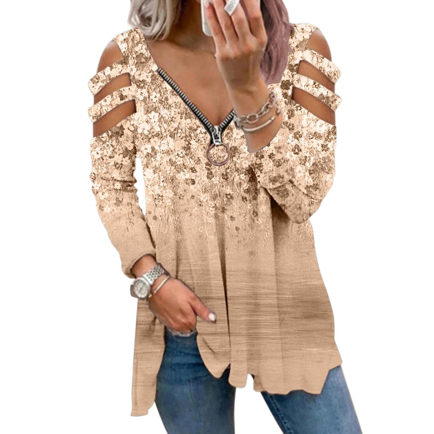 FABIURT Women's Casual Long Sleeve Loose Fit T-Shirts - Summer & Fall Blouses, Workout Exercise Tops, Plus Size Trendy Tees in Khaki | Perfect for Office, Gym, and Everyday Wear