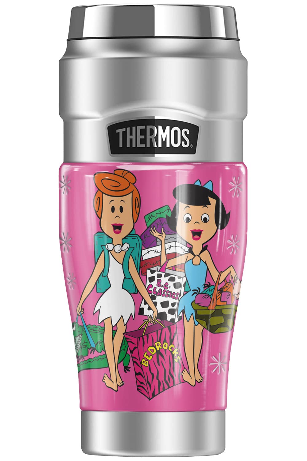 Flintstones Wilma and Betty 16oz Stainless Steel Travel Tumbler - Vacuum Insulated Double Wall Thermos for Hot & Cold Drinks - Perfect for Office, Gym, Camping and Outdoor Adventures