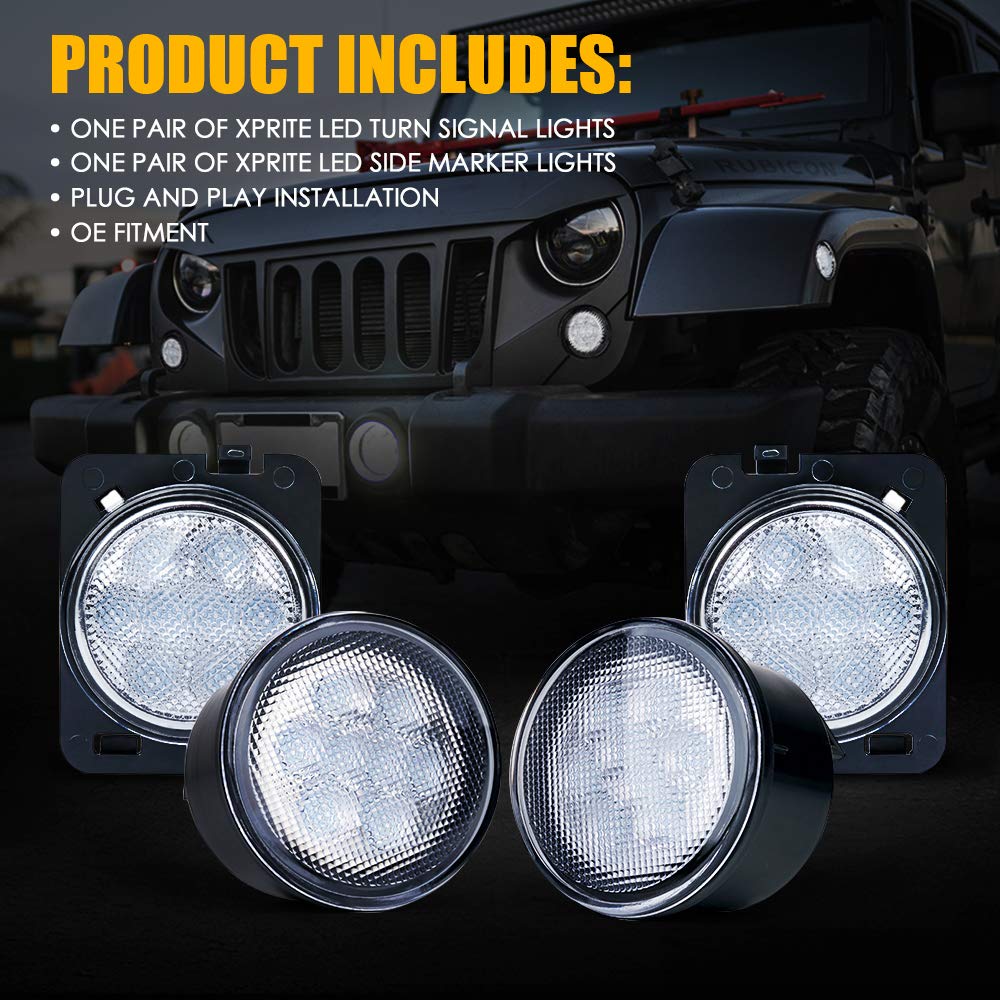 Xprite LED Turn Signal & Side Marker Lights Kit for 2007-2018 Jeep Wrangler JK & Unlimited - Clear Lens - Durable Off-Road Lighting for Enhanced Visibility & Safety