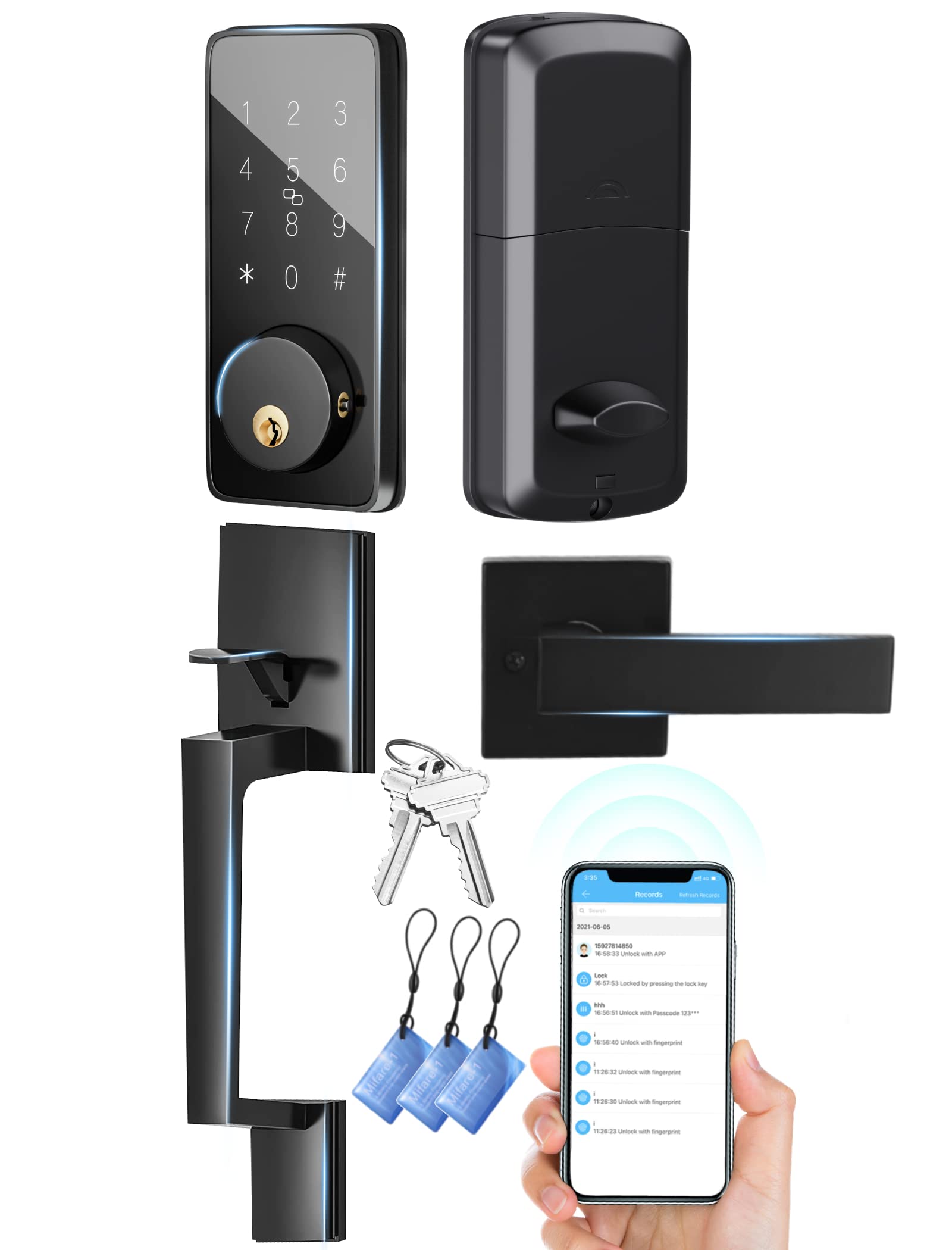 Smart Keyless Entry Door Lock with Handle & Mobile App Control - Electronic Deadbolt with 150 User Codes, IC Card Access & Waterproof Design for Front/Exterior Doors | Perfect for Home Security & Vacation Rentals