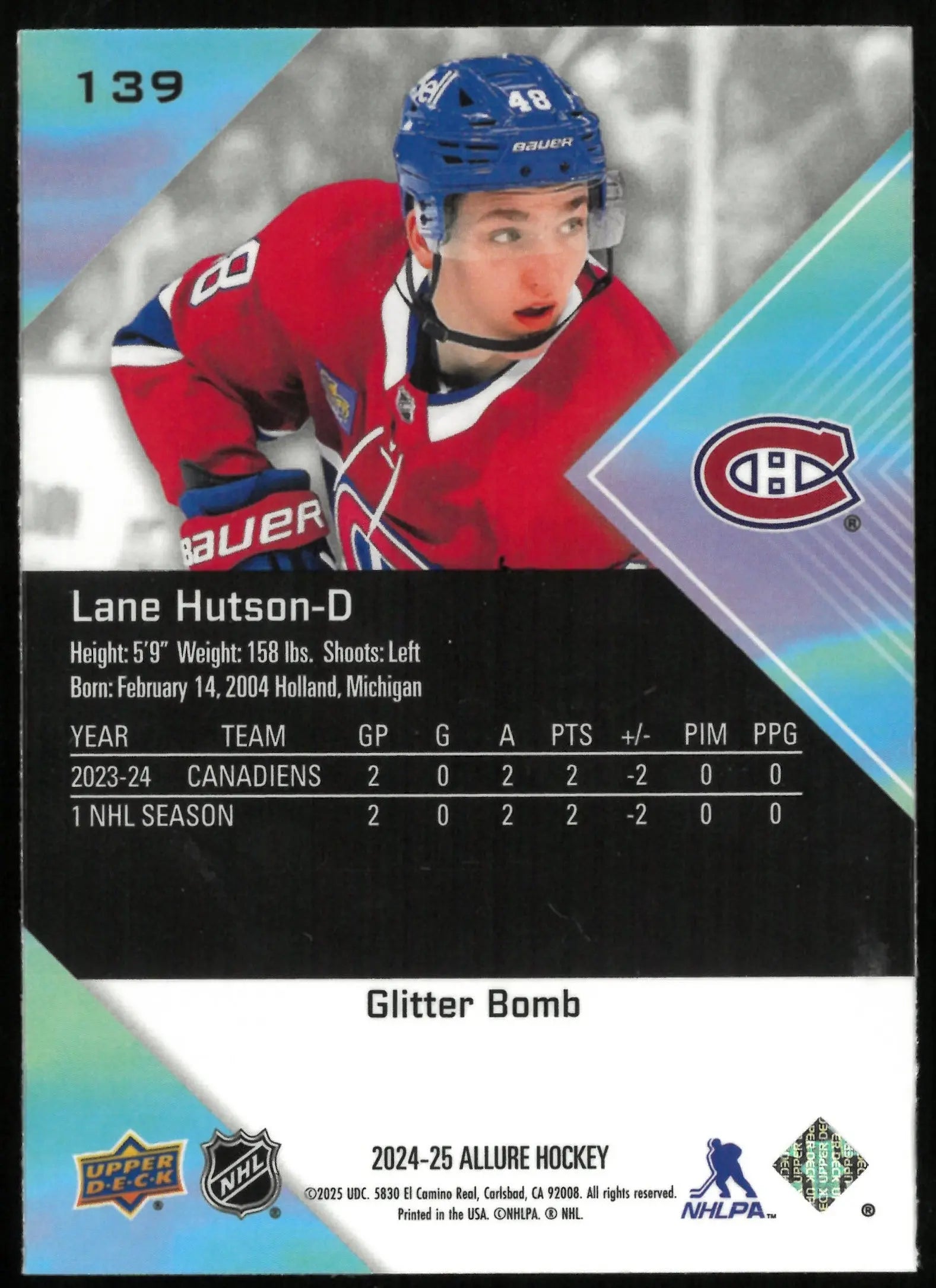 2024-25 Upper Deck Allure Hockey Lane Hutson Rookie Card RC Glitter Bomb - Perfect for Collectors, Sports Memorabilia Fans & Hockey Card Trading