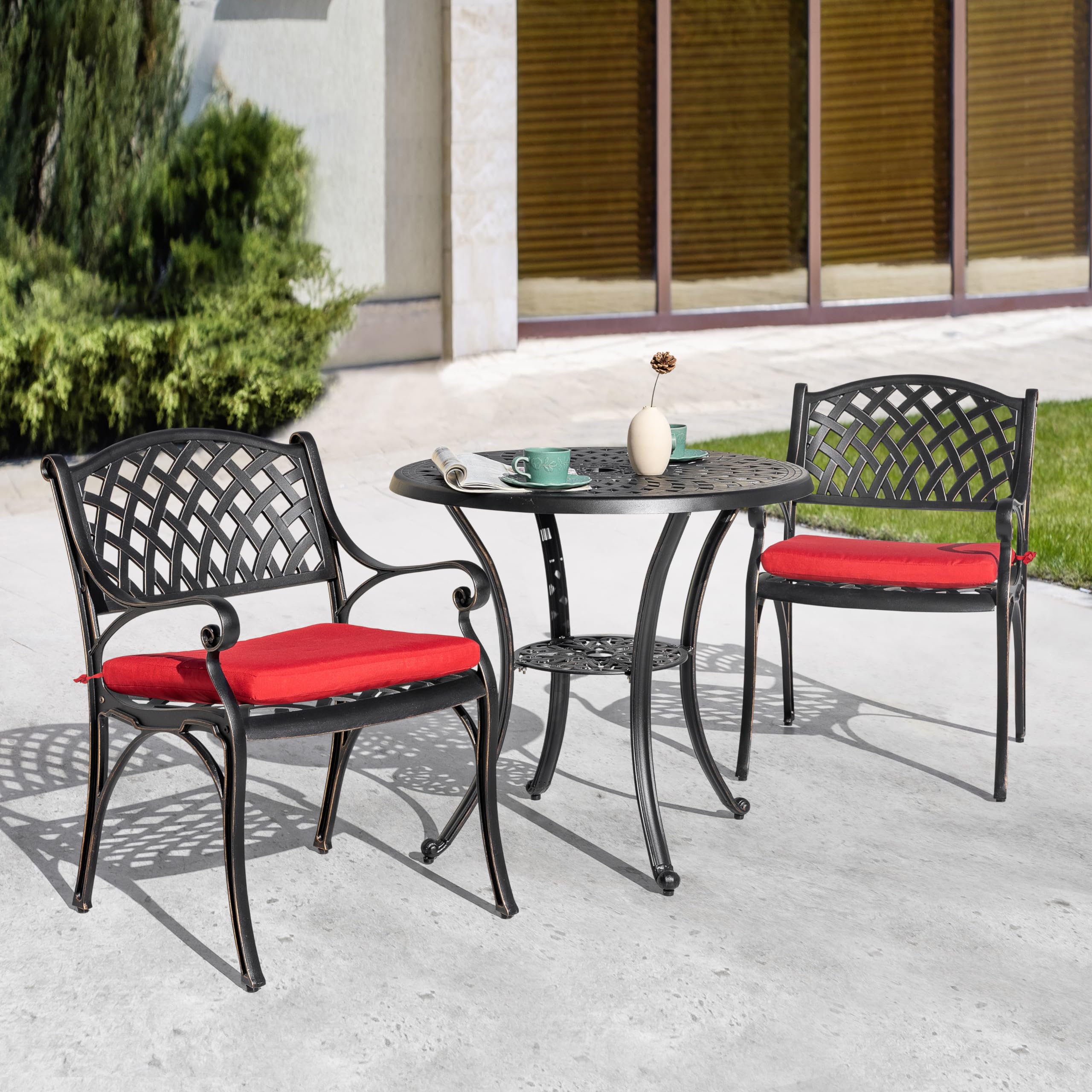NUU GARDEN 3-Piece Outdoor Bistro Set - Cast Aluminum Patio Table & Chairs with Umbrella Hole & Red Cushions - Rustproof Black Garden Furniture for Backyard, Balcony, Front Porch - Perfect for Outdoor Dining, Relaxing & Entertaining