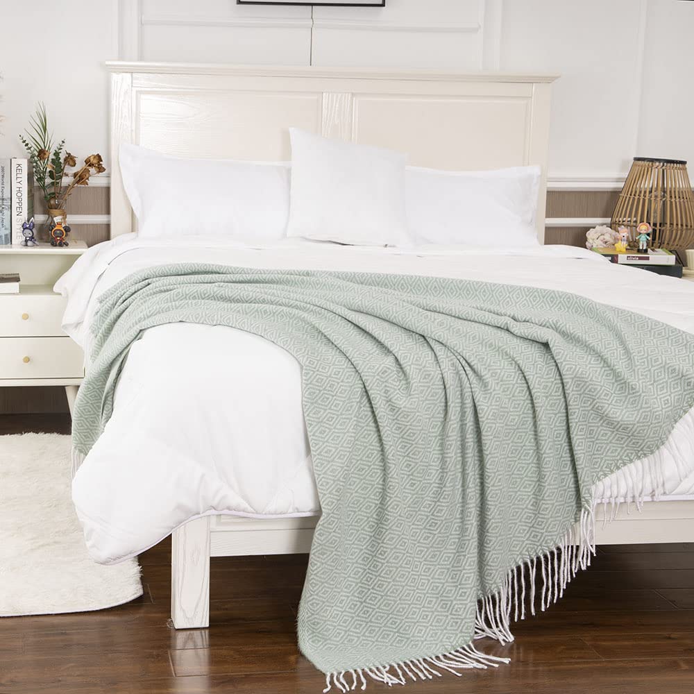 Gealaek Diamond Lattice Faux Cashmere Throw Blanket - Honeydew Fringe, Lightweight & Ultra Soft Cozy Blanket (50