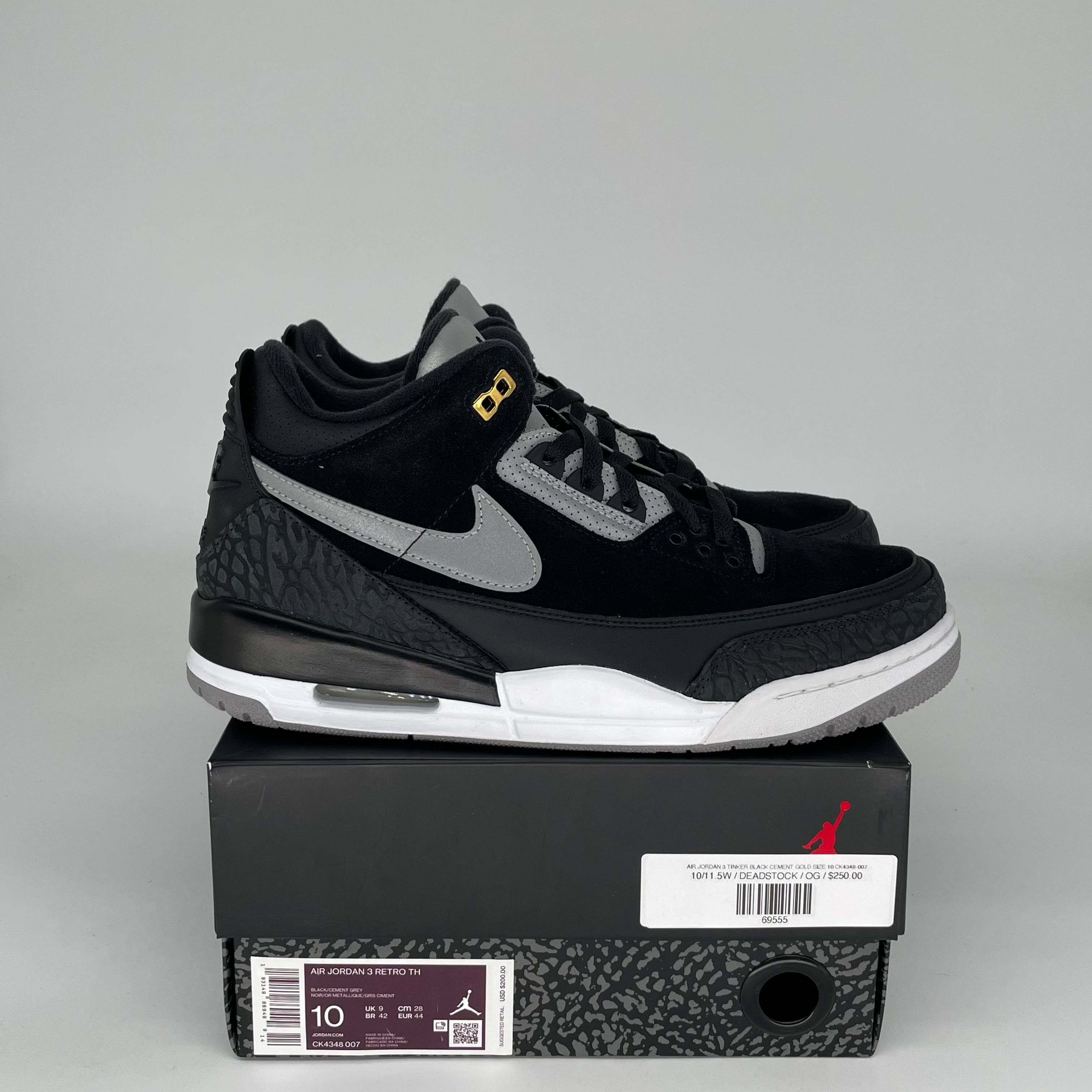 Original Air Jordan 3 Tinker Black Cement Gold Men's Basketball Shoes Size 10 CK4348-007 - Retro Sneakers for Streetwear & Casual Outfits