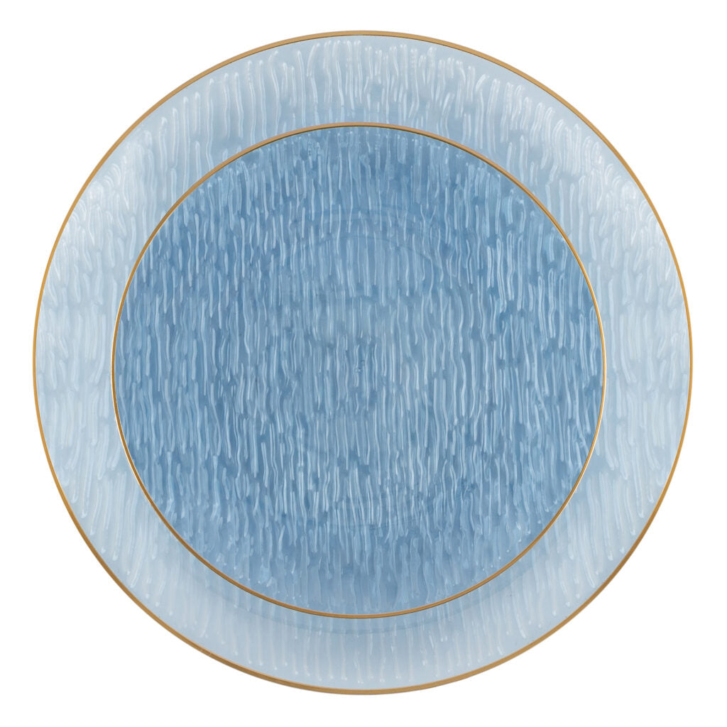 24-Pack Transparent Blue & Gold Rim Round Plastic Dinnerware Set for 12 Guests - Shatterproof Party Plates, Cups & Bowls - Perfect for Weddings, Birthday Parties & Holiday Gatherings