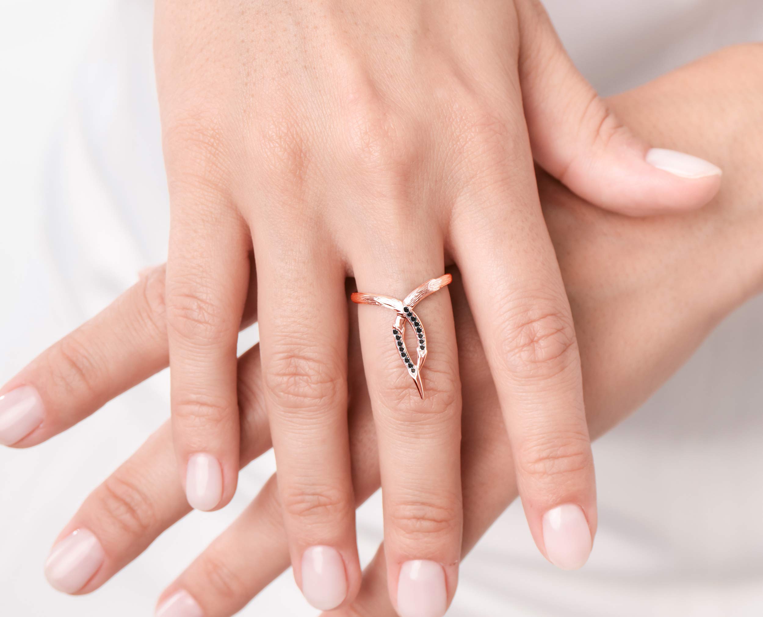 Elegant Floral Rose Gold Wedding & Engagement Ring Set with Black Diamond - Orchid Inspired Women's Ring for Bridal, Anniversary & Special Occasions