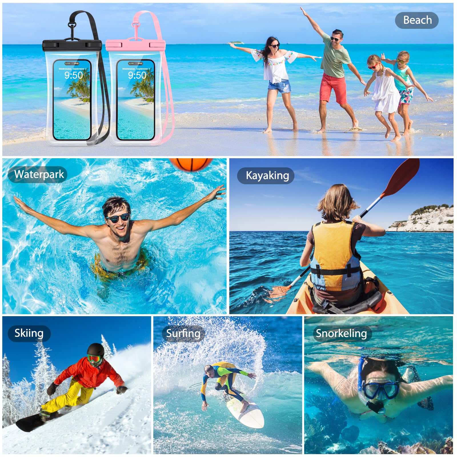 2 Pack Waterproof Phone Pouch Case [3D Clear Soft Edges] - IPX8 Certified Underwater Dry Bag for iPhone 14/13/12, Samsung Galaxy S23/S22, Google Pixel 7/6 (Up to 7.2