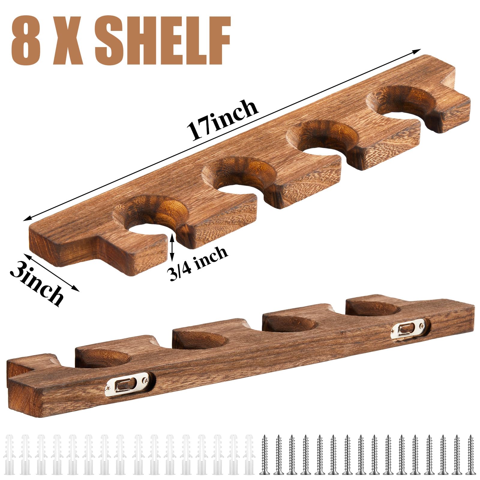 Rustic Wooden Wall Mounted Wine Glass Holder - Stemware Rack & Champagne Glass Organizer for Kitchen, Bar - Floating Shelf for Glassware Storage (8 Pcs, 17 x 3 x 0.8 Inch) - Perfect for Home Decor, Entertaining Guests & Halloween Party Setup