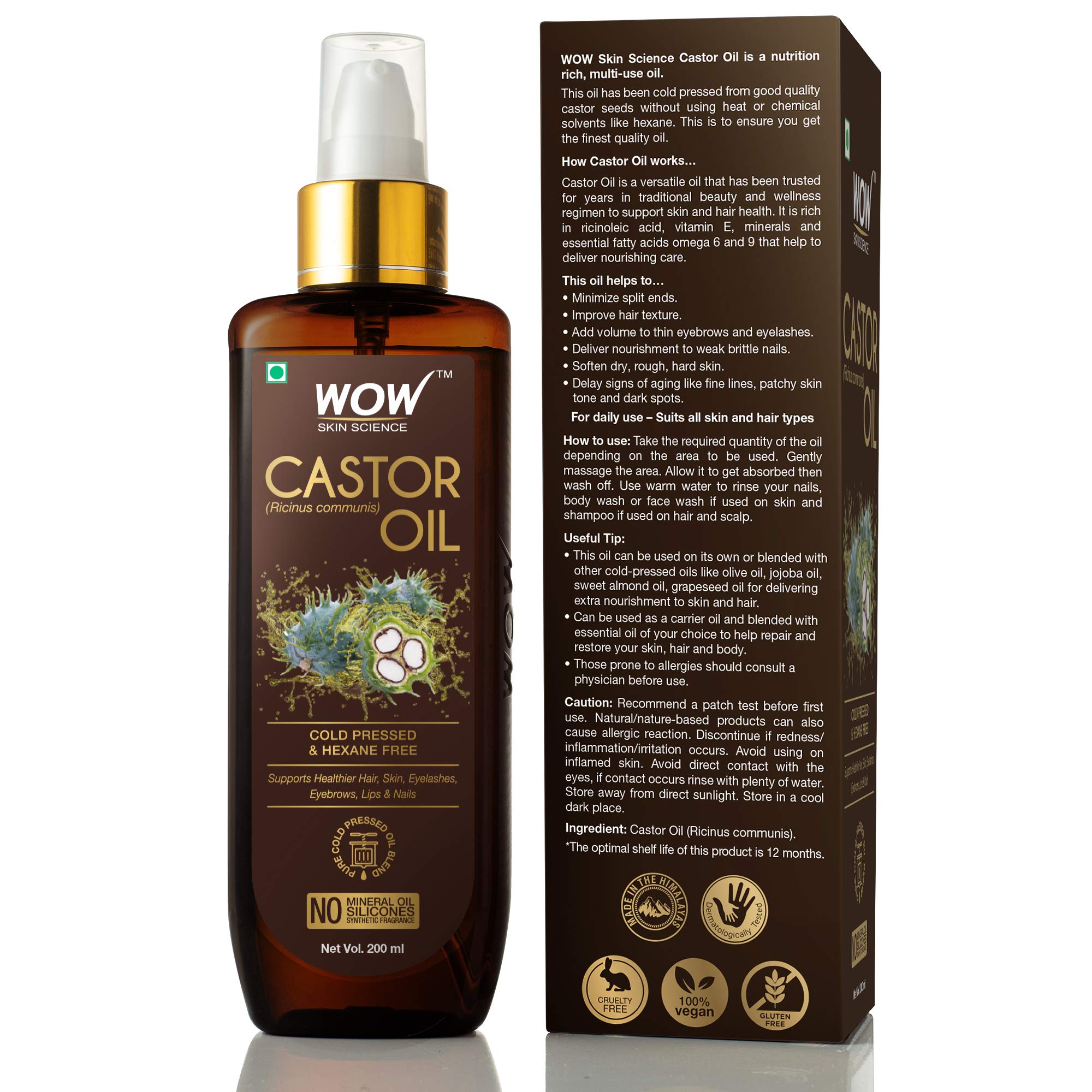 Wow Skin Science 100% Pure Cold Pressed Castor Oil for Hair Growth, Eyelashes & Skin Care | Hexane-Free, No Mineral Oil or Silicones | 200ml Bottle | Perfect for Nightly Hair Treatments & Natural Beauty Routines