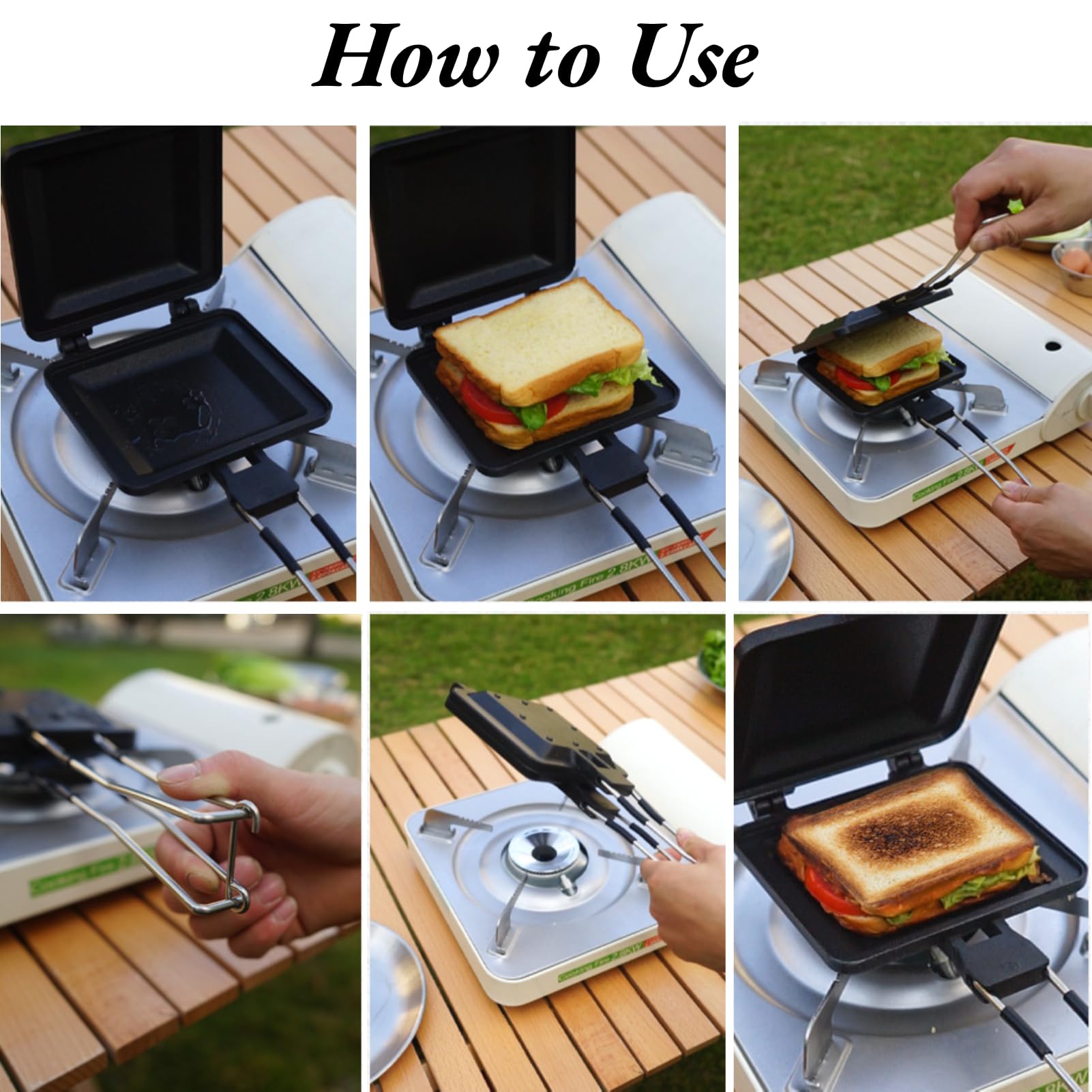 Double Sided Nonstick Sandwich Maker - Foldable Camping Toaster with Rustproof Coating & Stovetop Safe for Outdoor, RV, Picnics & Home Breakfast