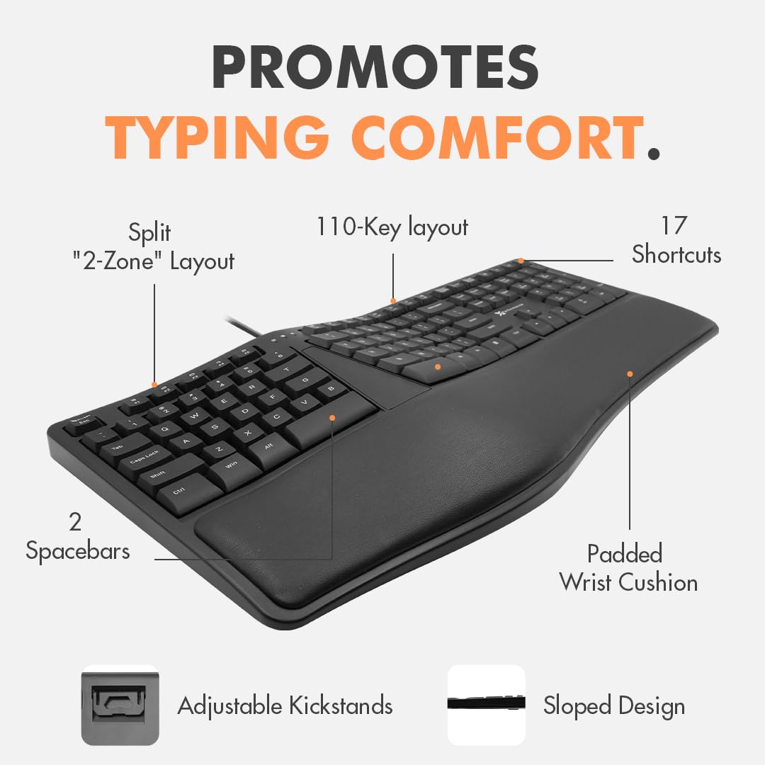 X9 Ergonomic Split Keyboard with Wrist Rest - USB Wired for PC & Laptop - Perfect for Office & Gaming