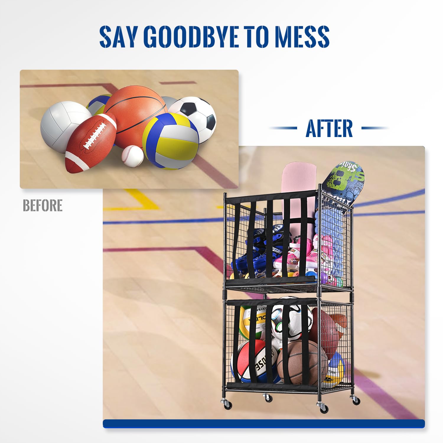 Mythinglogic Rolling Sports Ball Storage Cart - Lockable Ball Storage Locker with Elastic Straps, Stackable Ball Cage for Garage & Home Organization - Perfect for Basketball, Soccer, Football, Baseball Storage