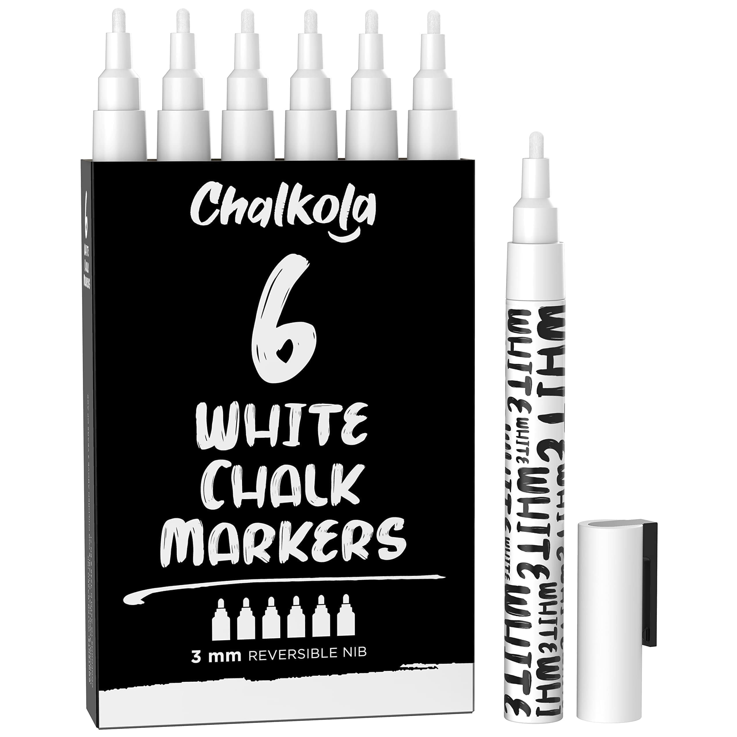 Chalkola White Chalk Markers - 6 Pack Dry Erase Liquid Chalk Pens for Chalkboard, Blackboard, Windows, Glass, Signs - 3mm Reversible Bullet & Chisel Tip - Perfect for Restaurants, Cafes, Classrooms, DIY Projects and Home Decor