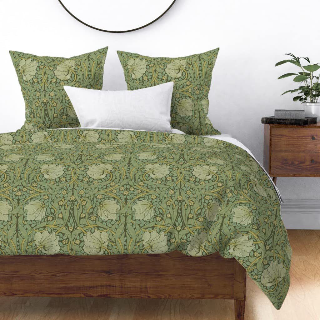 Spoonflower Cotton Sateen Duvet Cover Twin Size - Pimpernel Floral Damask Sage Green Vines Victorian Print Custom Bedding Set for Home Decor & Luxury Bedroom