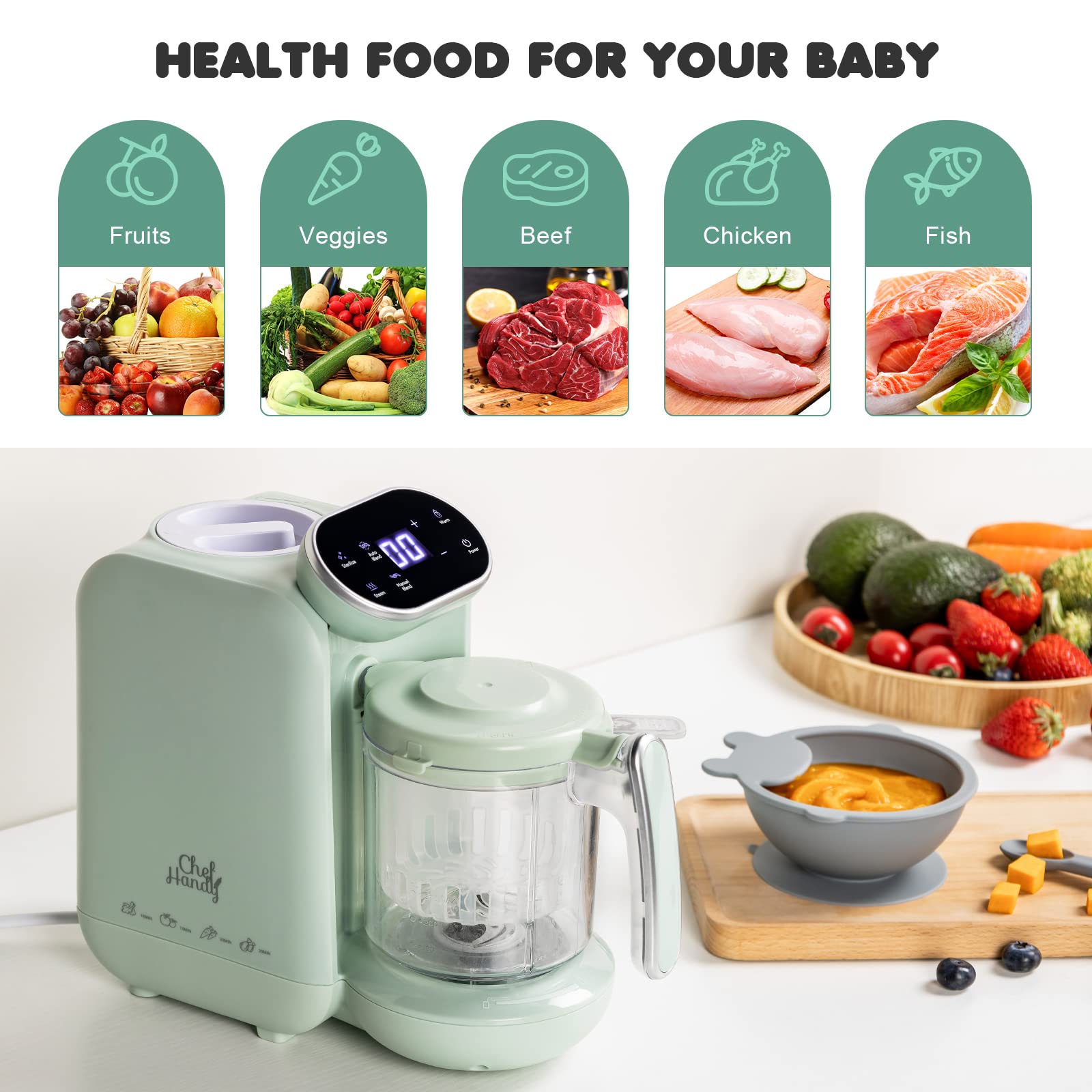 Chefhandy Green Baby Food Maker - Electric Baby Bottle Sterilizer & Cleaner for Fresh Homemade Puree - Perfect for Travel, Daycare & Home Use