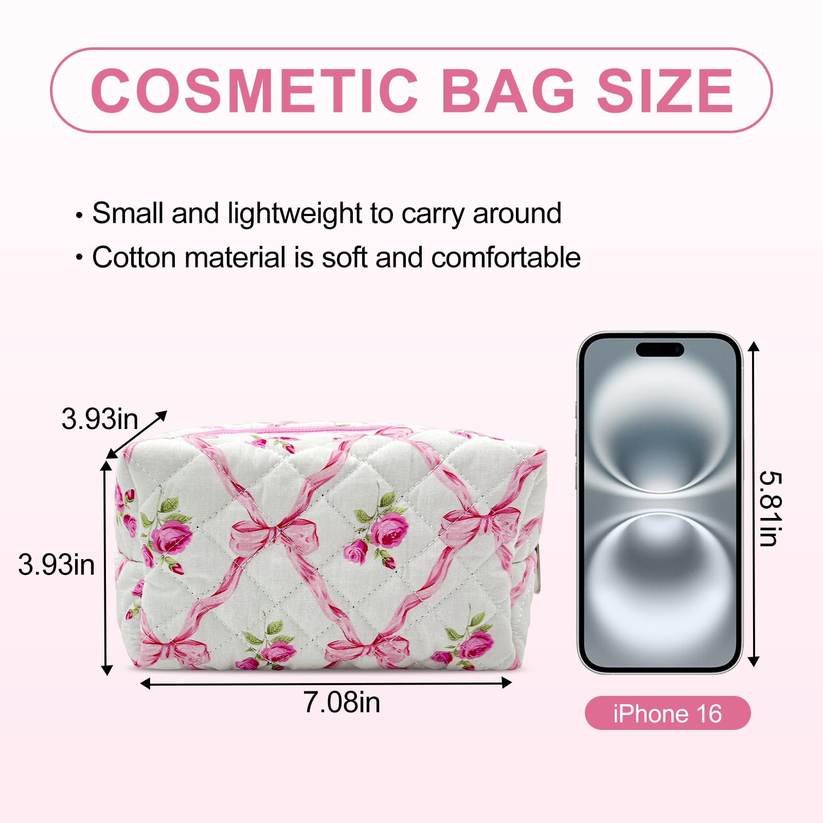 Quilted Makeup Bag for Women - Small Floral Travel Cosmetic Pouch with Brush Storage | Perfect for Travel, Gym & Daily Organizer | Cotton Makeup Organizer Bag