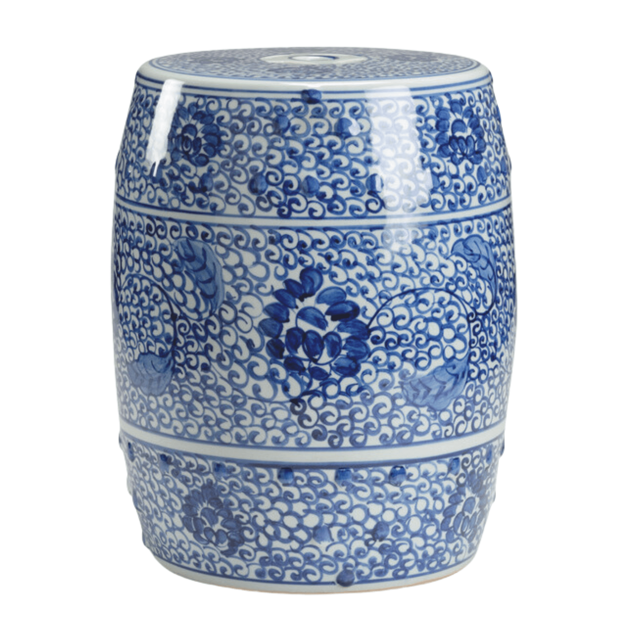 Hand Painted Blue and White Porcelain Garden Stool - Vintage Outdoor Seating for Patio, Lawn, and Garden Decor