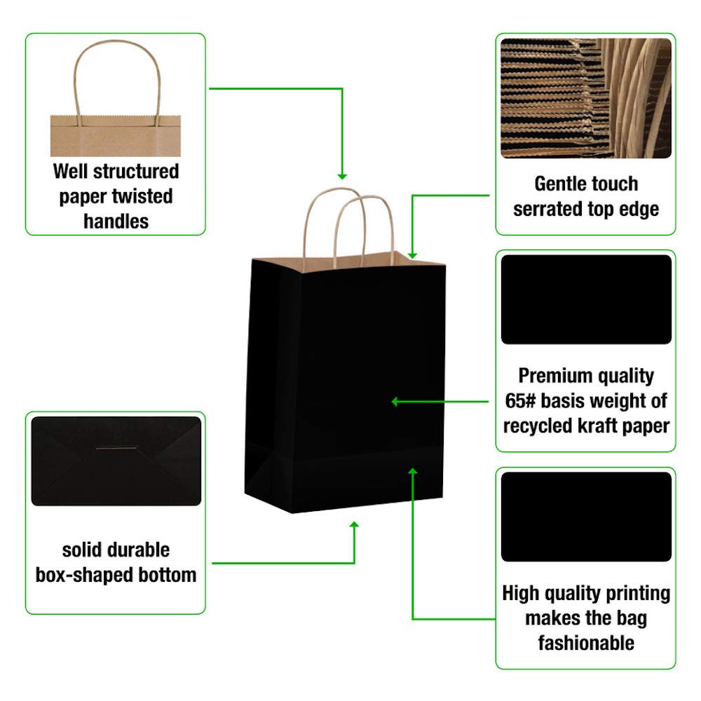 Qutuus 100-Pack Black Kraft Paper Gift Bags with Handles - 8x4.5x10 Inch Bulk Shopping Bags for Retail, Parties, Favors & Business | Eco-Friendly Merchandise Packaging for Stores, Weddings & Events