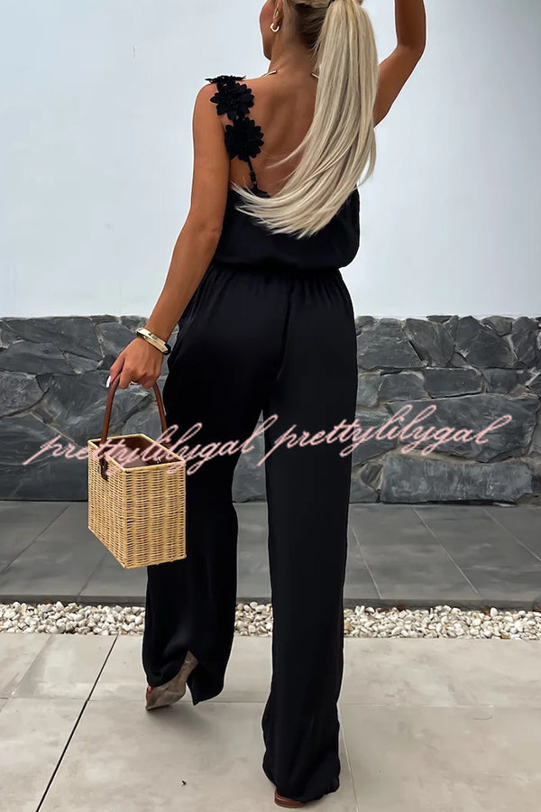 Solid Color Embroidered Flower Suspenders Casual Loose Jumpsuit for Women | Summer Boho Romper | Outdoor Music Festival & Beach Vacation Outfit