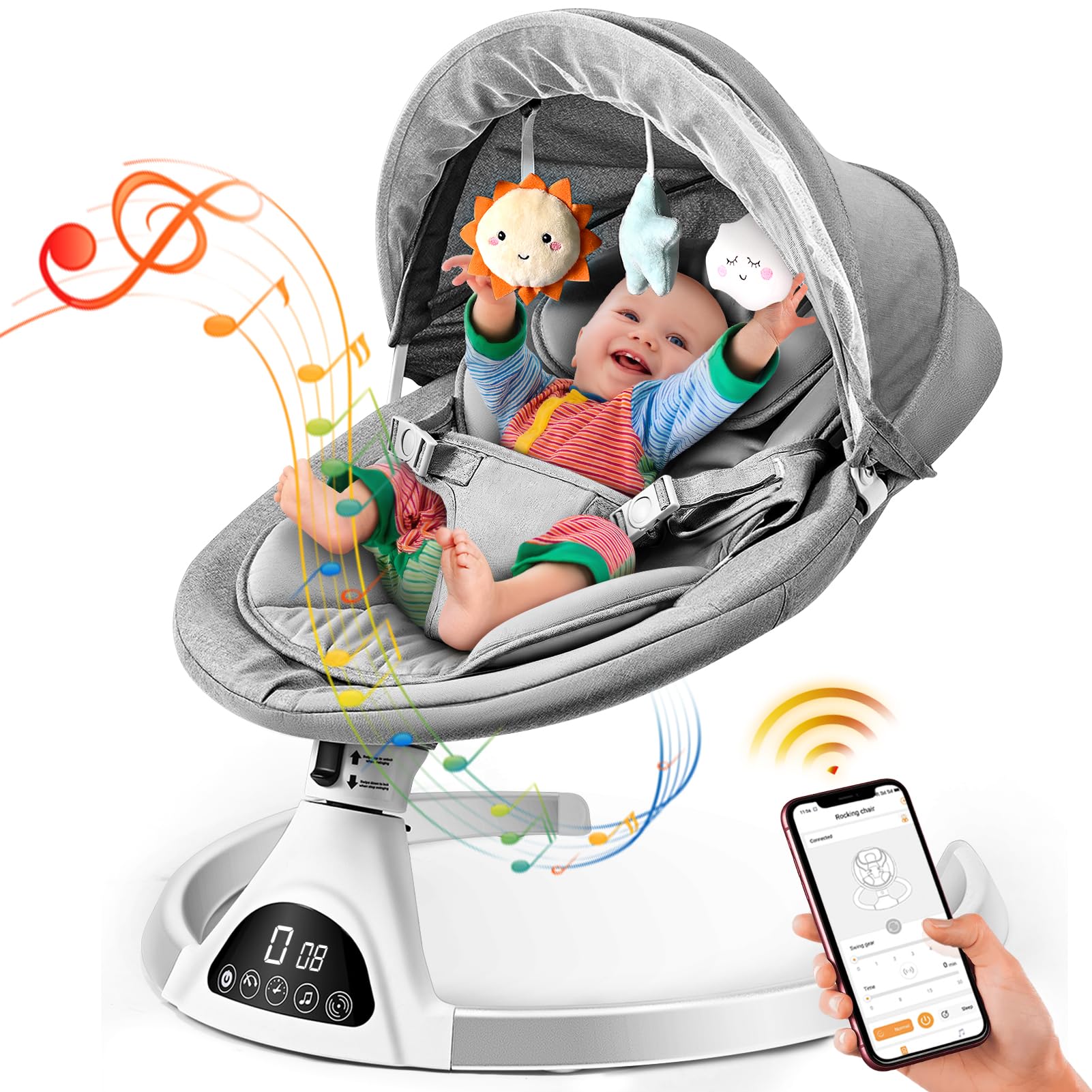 Smart Bluetooth Baby Swing with App Control - 5 Speed Adjustable, 12 Lullabies, Smart Sensor & Timer - Portable Infant Swing for Boys & Girls - Perfect for Nursery, Travel & Soothing Fussy Babies