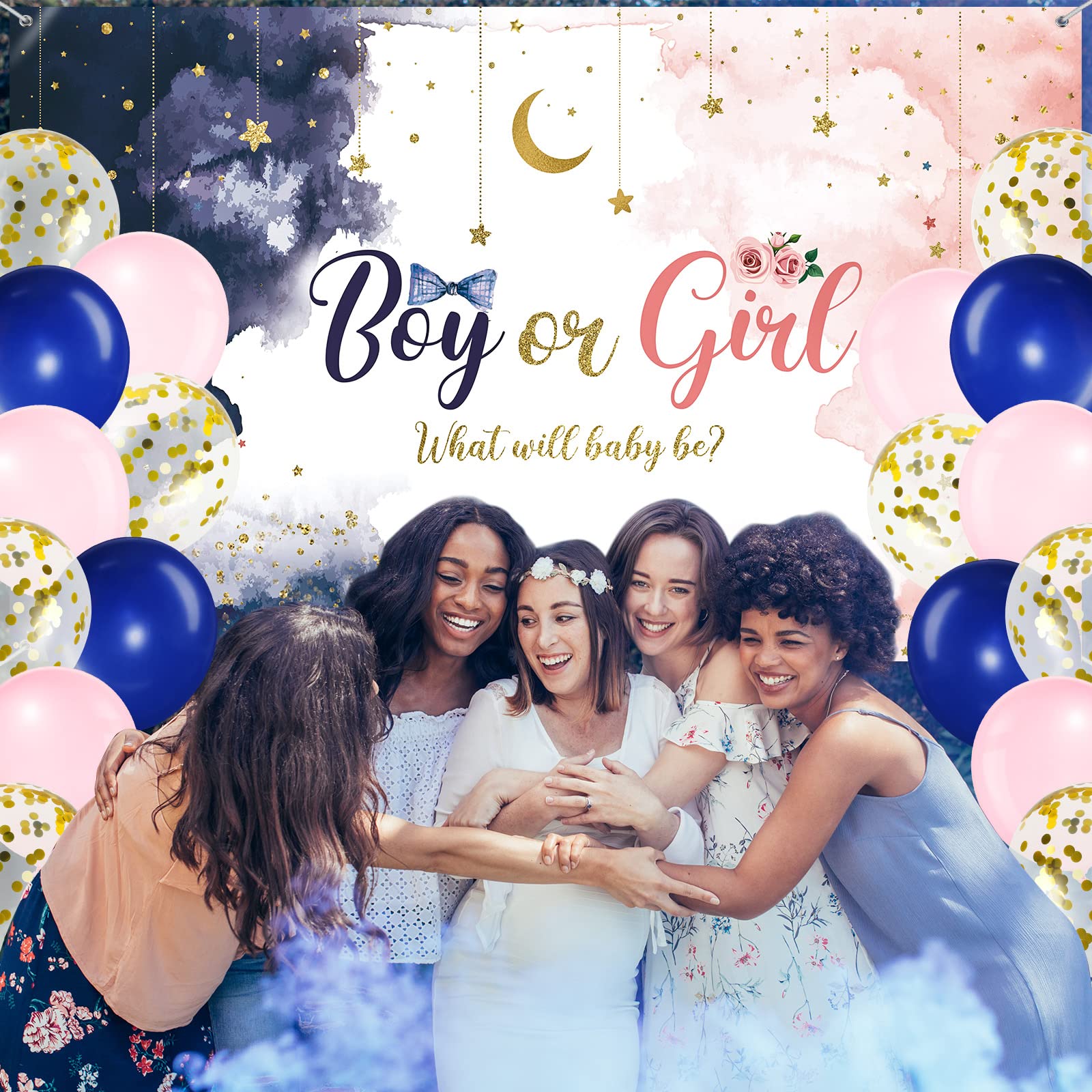 Gender Reveal Party Decorations Kit - Navy Blue & Blush Pink Balloons, Photography Backdrop Banner for Baby Shower - Boy or Girl Theme Party Supplies | Perfect for Baby Showers, Gender Reveals & Photo Sessions