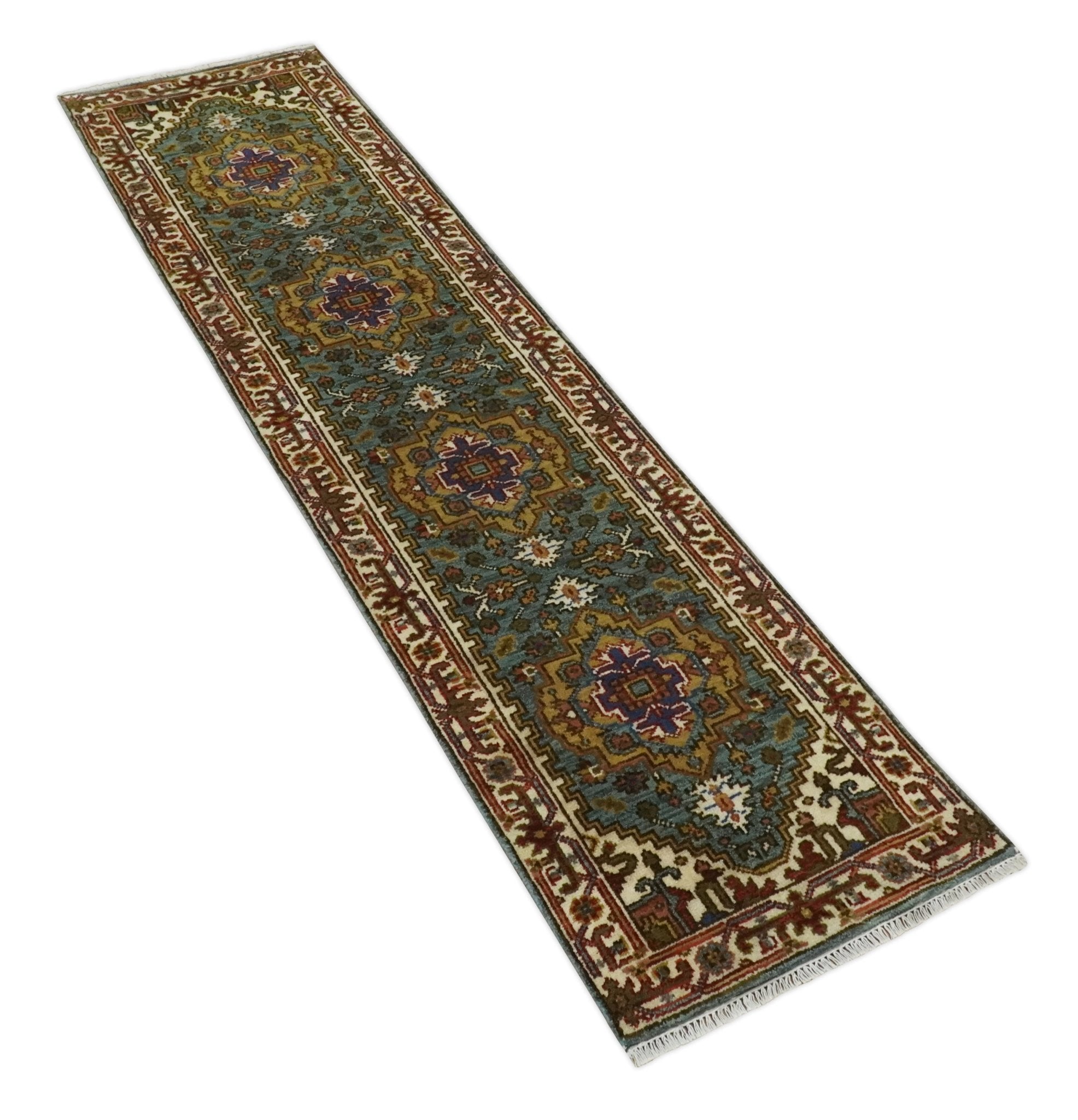 10 Feet Runner Rug - Mustard, Gray & Ivory Hand-Knotted Traditional Wool Area Rug for Hallway, Living Room, or Bedroom Decor