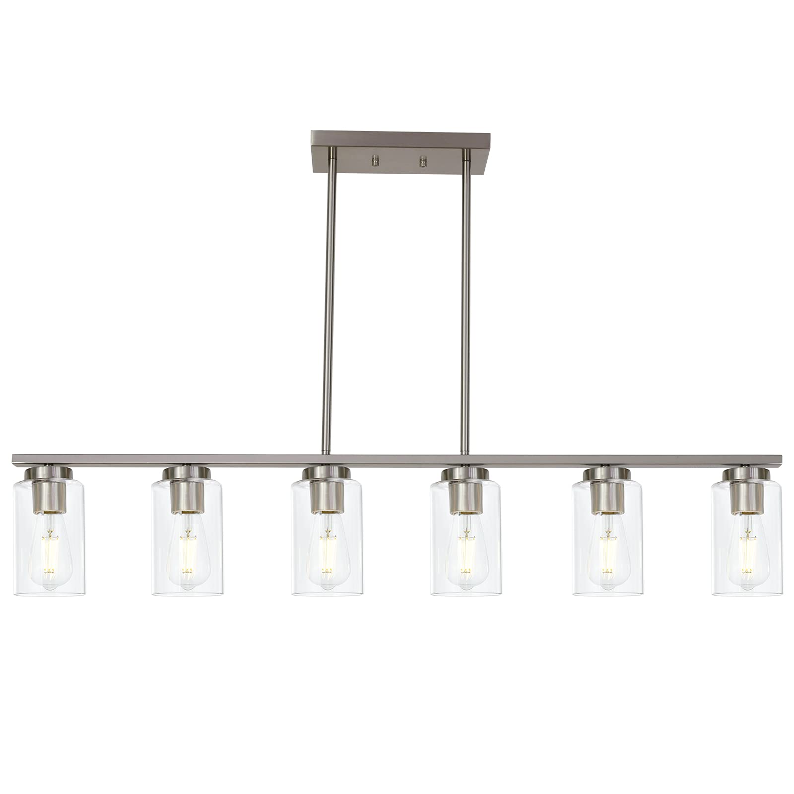 Modern 6-Light Linear Pendant Light Fixture with Clear Glass Shades - Brushed Nickel Finish for Kitchen Island, Dining Room, Pool Table & Bar Counter Lighting