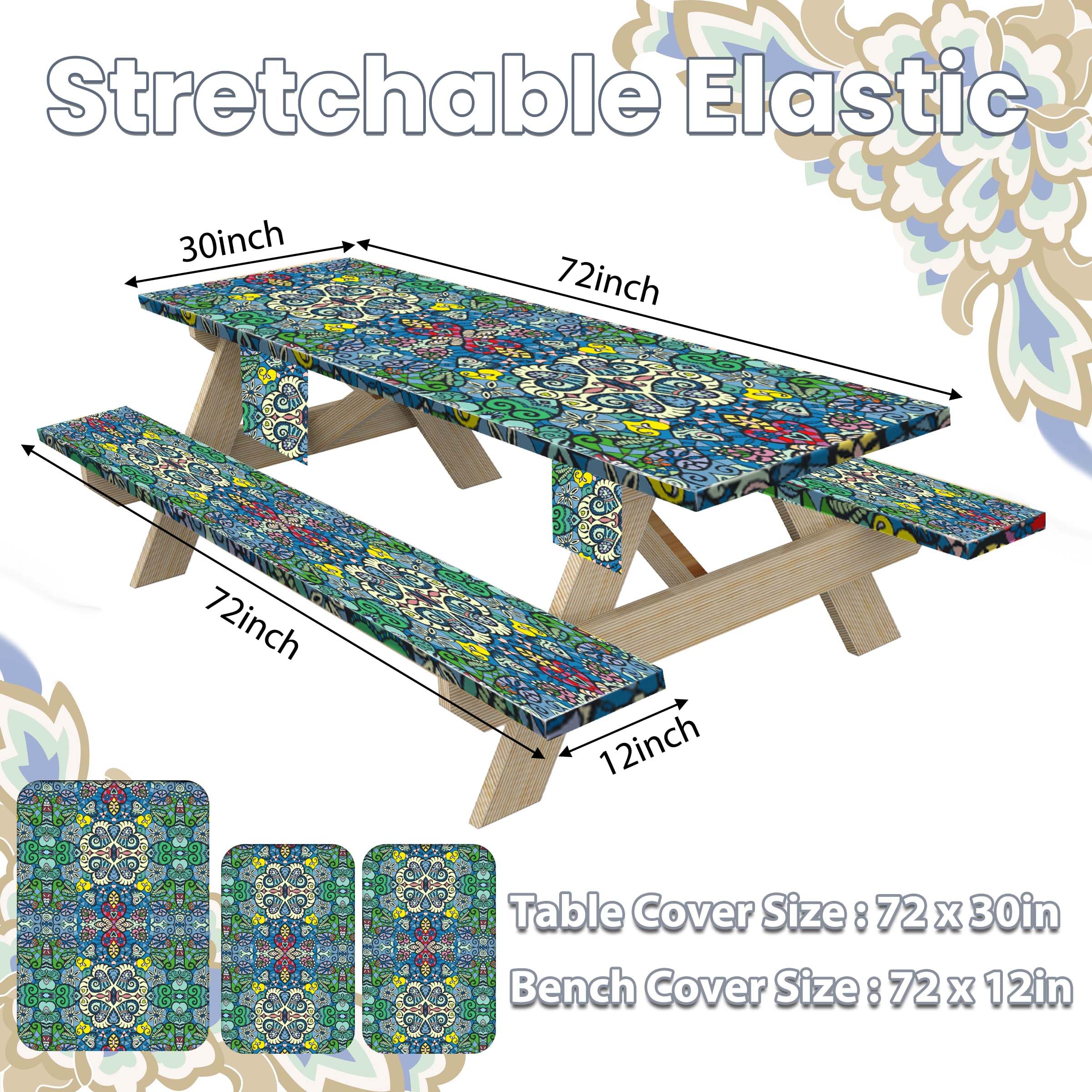 Waterproof Windproof Picnic Table Cover with Bench Covers - Elastic Rectangle Tablecloth with Storage Bag (Blue-Green Mandala, 72x30 inches) - Perfect for Outdoor Dining, BBQs, Camping & Picnics
