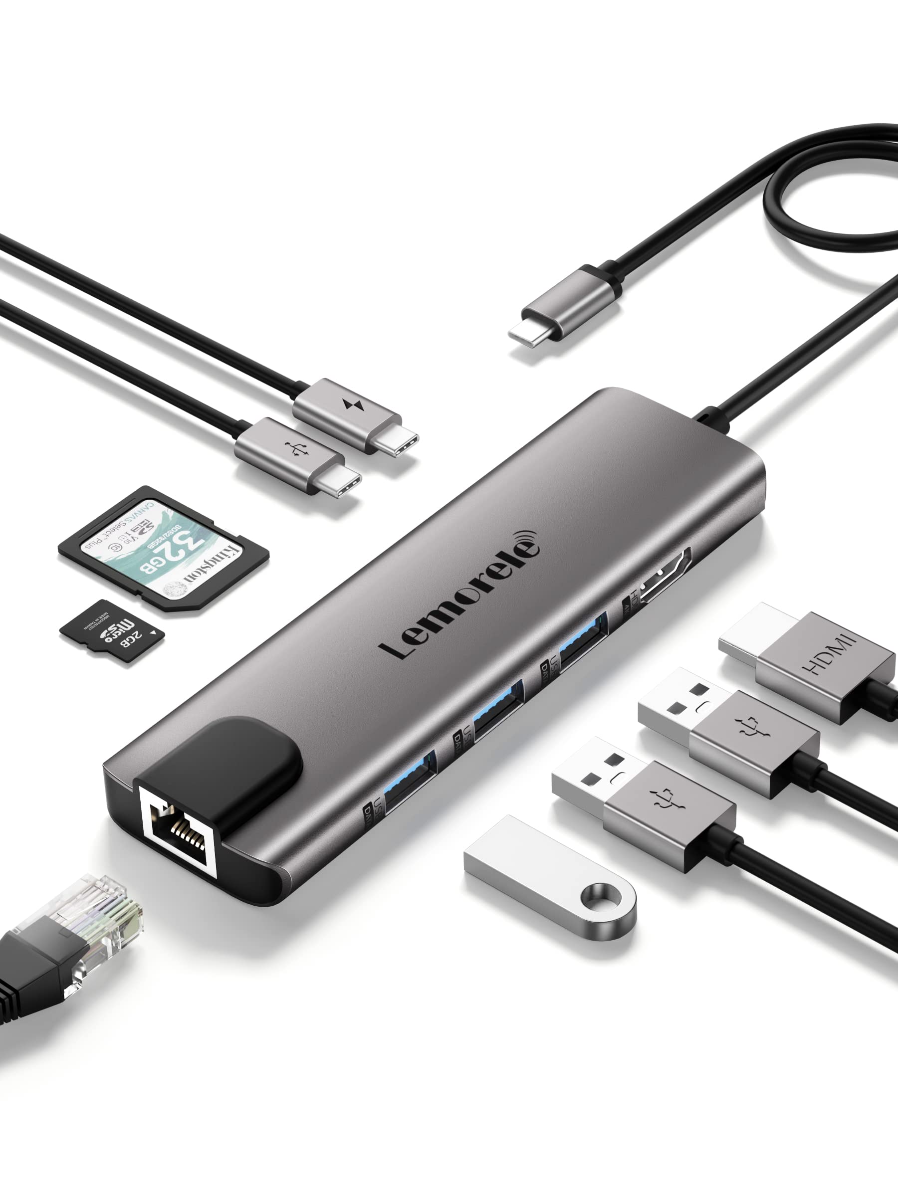 Lomorele 9-in-1 USB C Hub Multiport Adapter with Gigabit Ethernet, 100W PD Charging, 4K HDMI, 3 USB 2.0 Ports, USB-C Data Port, SD/TF Card Reader - Compatible with MacBook Pro/Air, HP, Dell Laptops - Perfect for Home Office, Remote Work & Travel Accessories