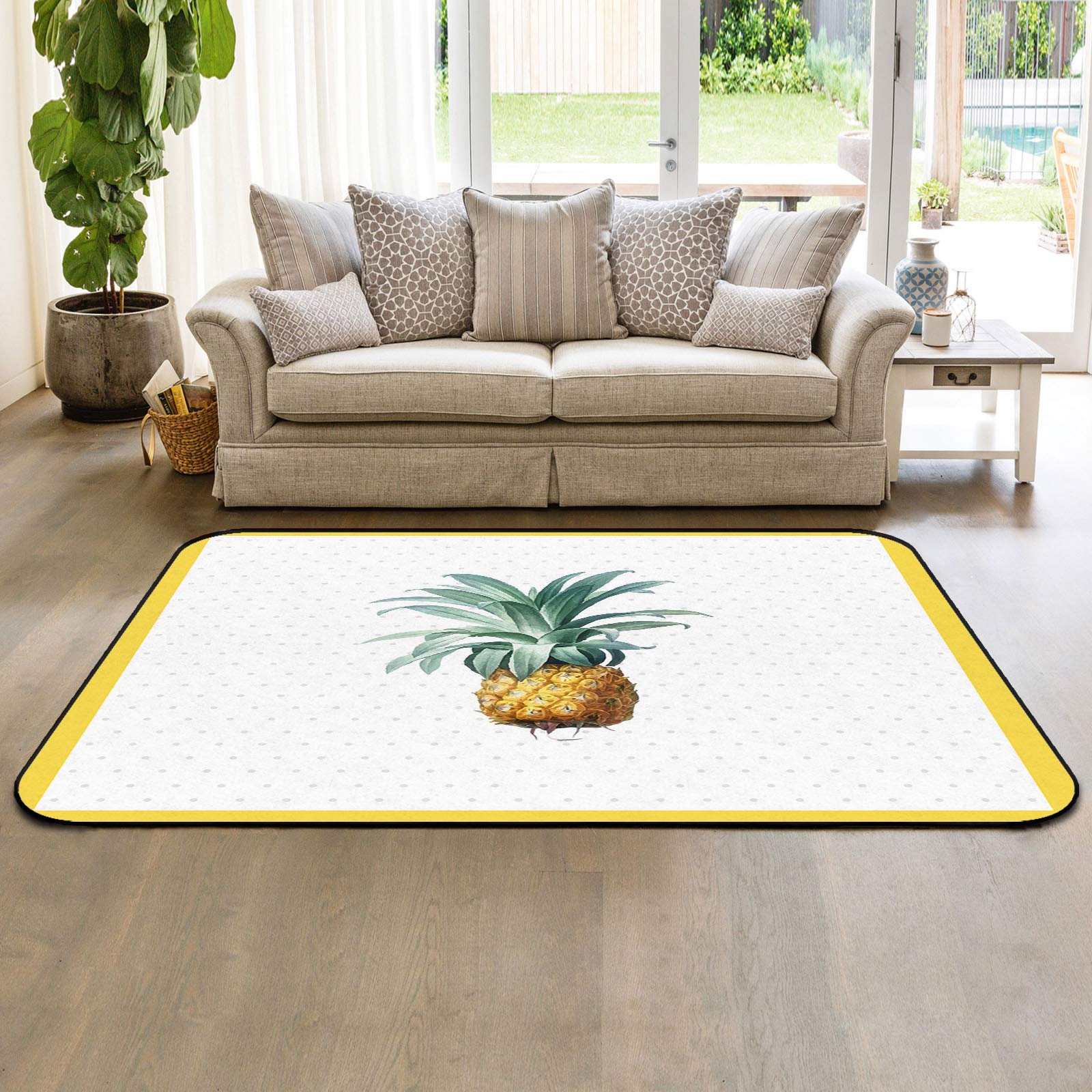 5' x 7' Modern Large Area Rugs - Non-Slip Throw Carpet for Living Room, Bedroom & Nursery - Summer Fruit Yellow Pineapple Green Leaf Design - Indoor/Outdoor Floor Cover - Perfect for Home Decor, Photo Backdrops & Kids Play Areas