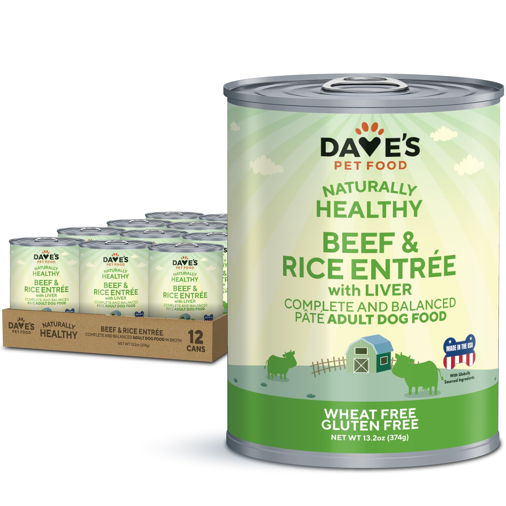 Dave's Pet Food Wet Dog Food - Beef & Rice Recipe, Made in USA, All-Natural, Gluten-Free Canned Dog Food Topper, 13.2 oz (12 Pack) - Perfect for Picky Eaters & Senior Dogs with Sensitive Stomachs