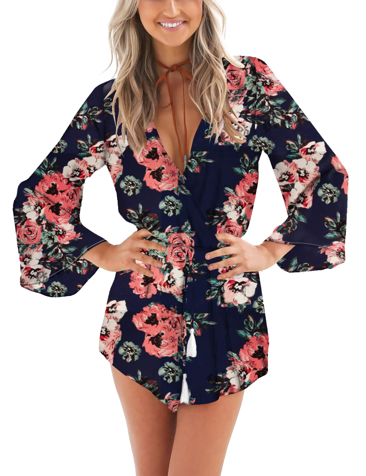 Relipop Women's Floral Print Long Sleeve Romper Jumpsuit - Casual Summer Outfit for Beach, Party & Vacation Wear