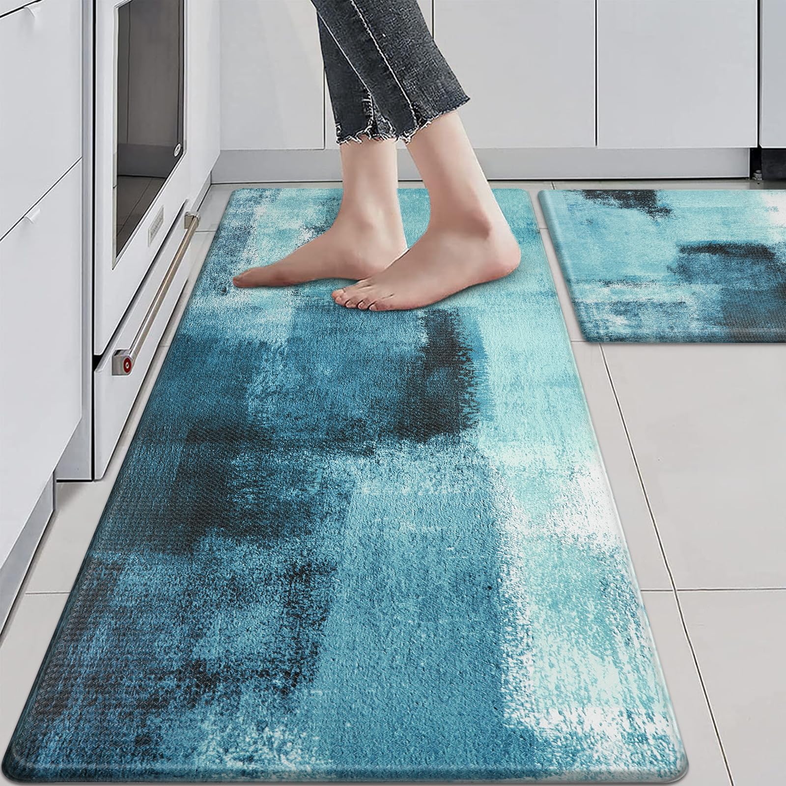 KIMODE Anti-Fatigue Kitchen Mats 2-Pack, Non-Slip Waterproof Floor Mats with Cushioned Comfort Foam - Abstract Turquoise Design for Home, Office, Sink & Laundry Areas | Perfect for Standing Desks, Cooking & Dishwashing