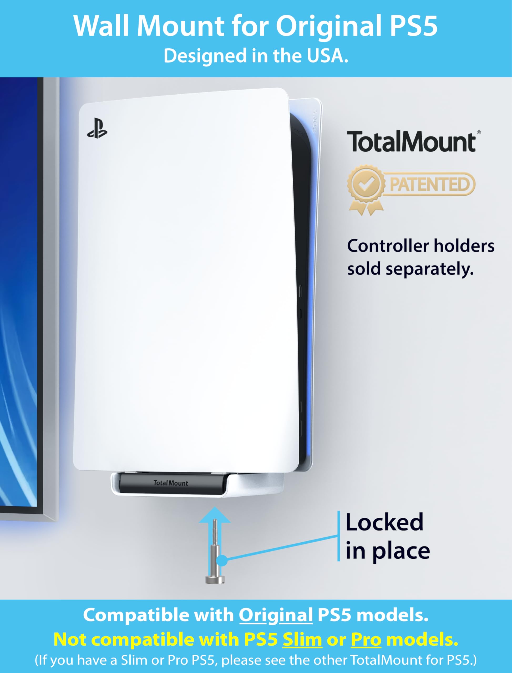 Original PS5 Mount by TotalMount - Secure Wall Mount for PlayStation 5 (Not Compatible with PS5 Slim/Pro) - Perfect for Gaming Rooms & Home Entertainment Setup