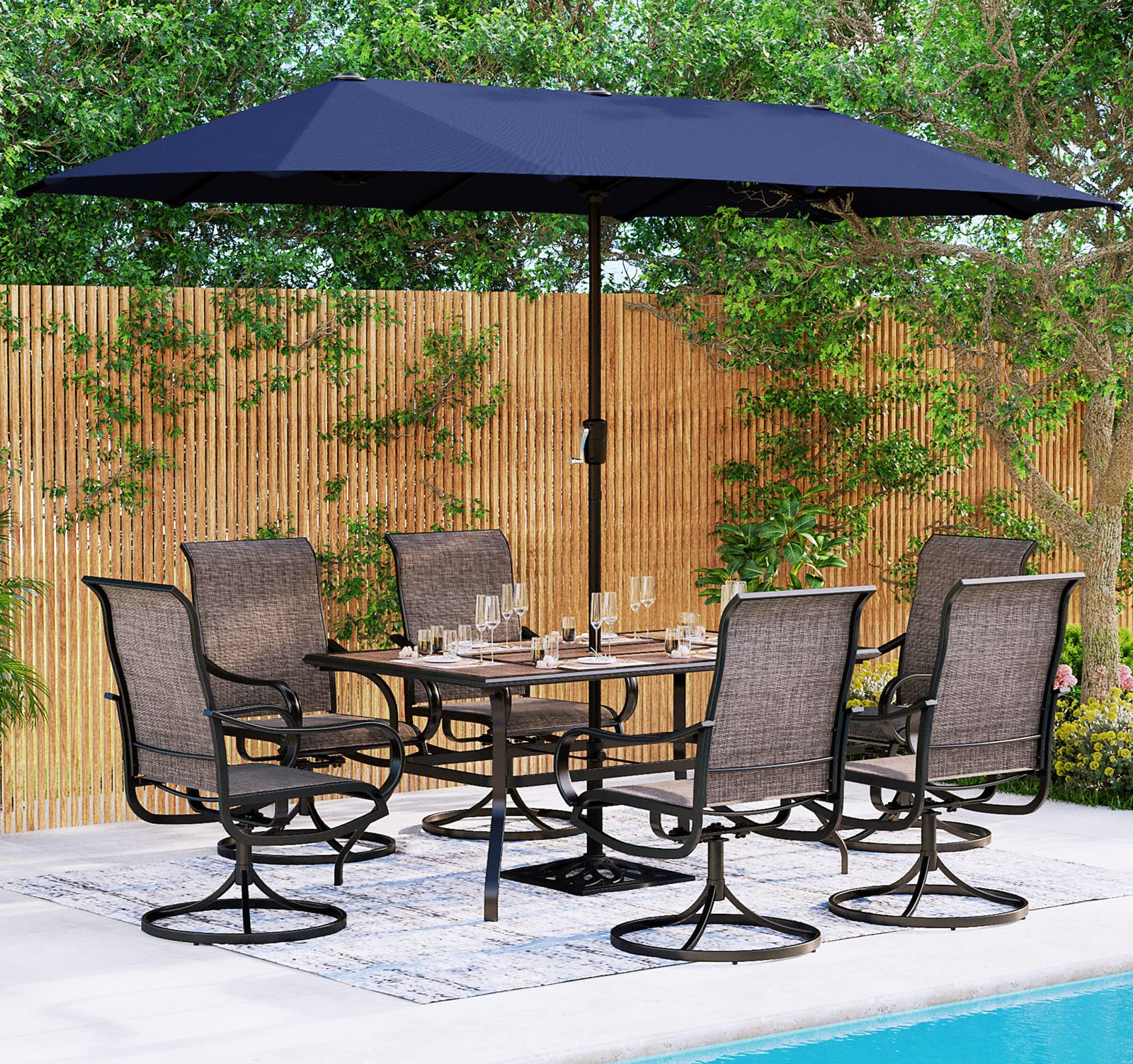 MFSTUDIO 8-Piece Outdoor Patio Dining Set with 6 Swivel Chairs, 60