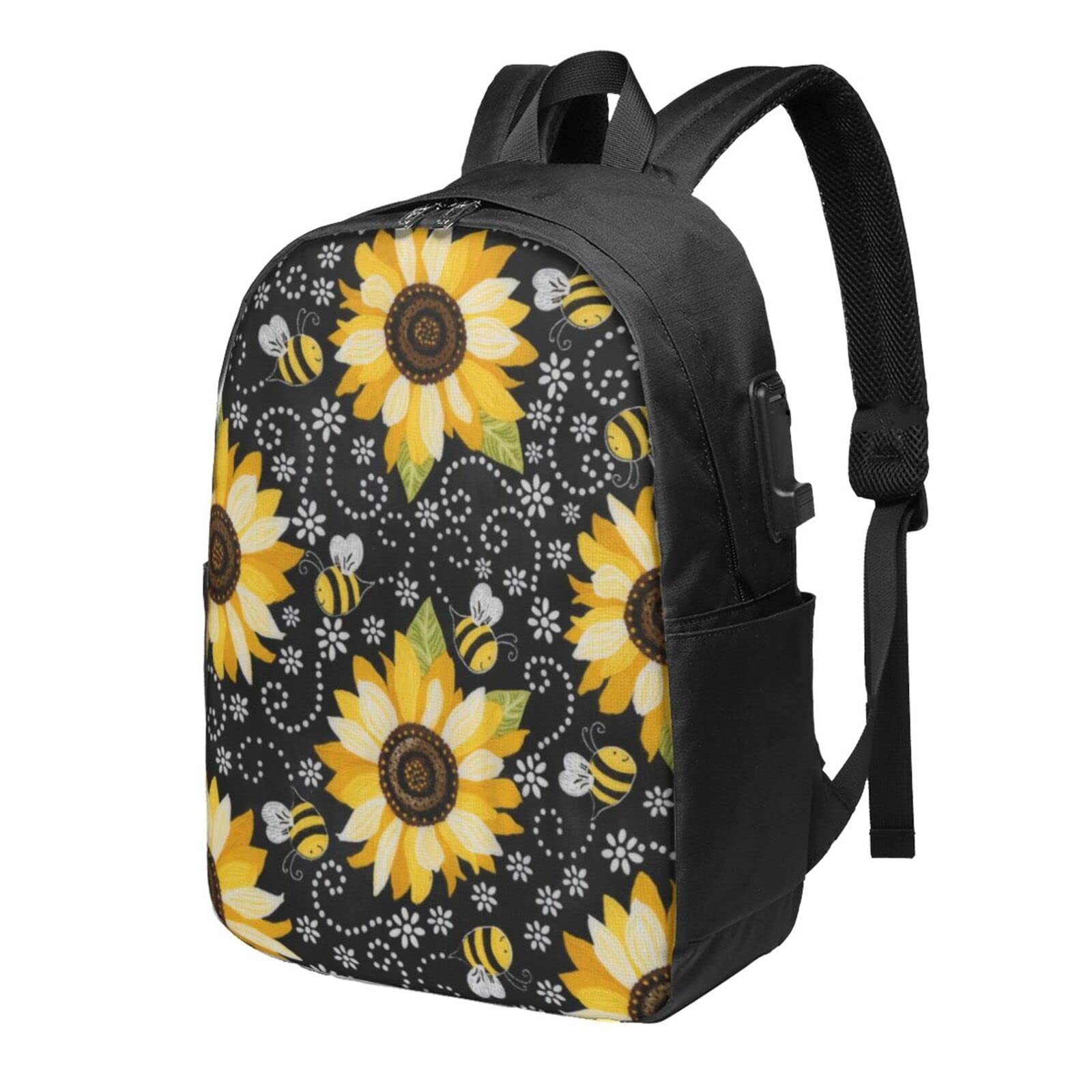 15.6 Inch Laptop Backpack for Men & Women - Waterproof USB Charging School Bookbag, Travel Hiking Daypack with Sunflower Bees Design - Perfect for College, Office, Commuting and Outdoor Adventures