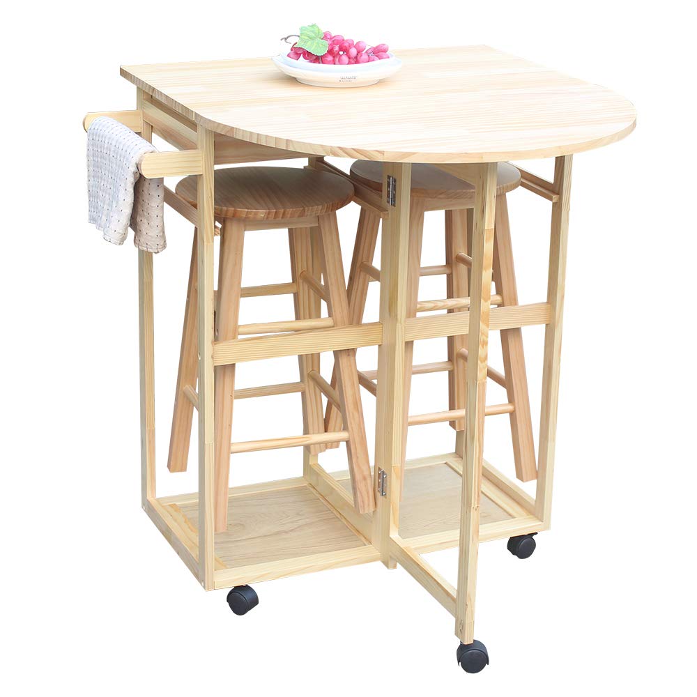 Portable Kitchen Island on Wheels with Folding Drop Leaf & 2 Drawers - Small Rolling Kitchen Table Set Includes 2 Square Stools (Natural Finish) - Perfect for Small Apartments, Breakfast Nooks & Mobile Cooking Stations