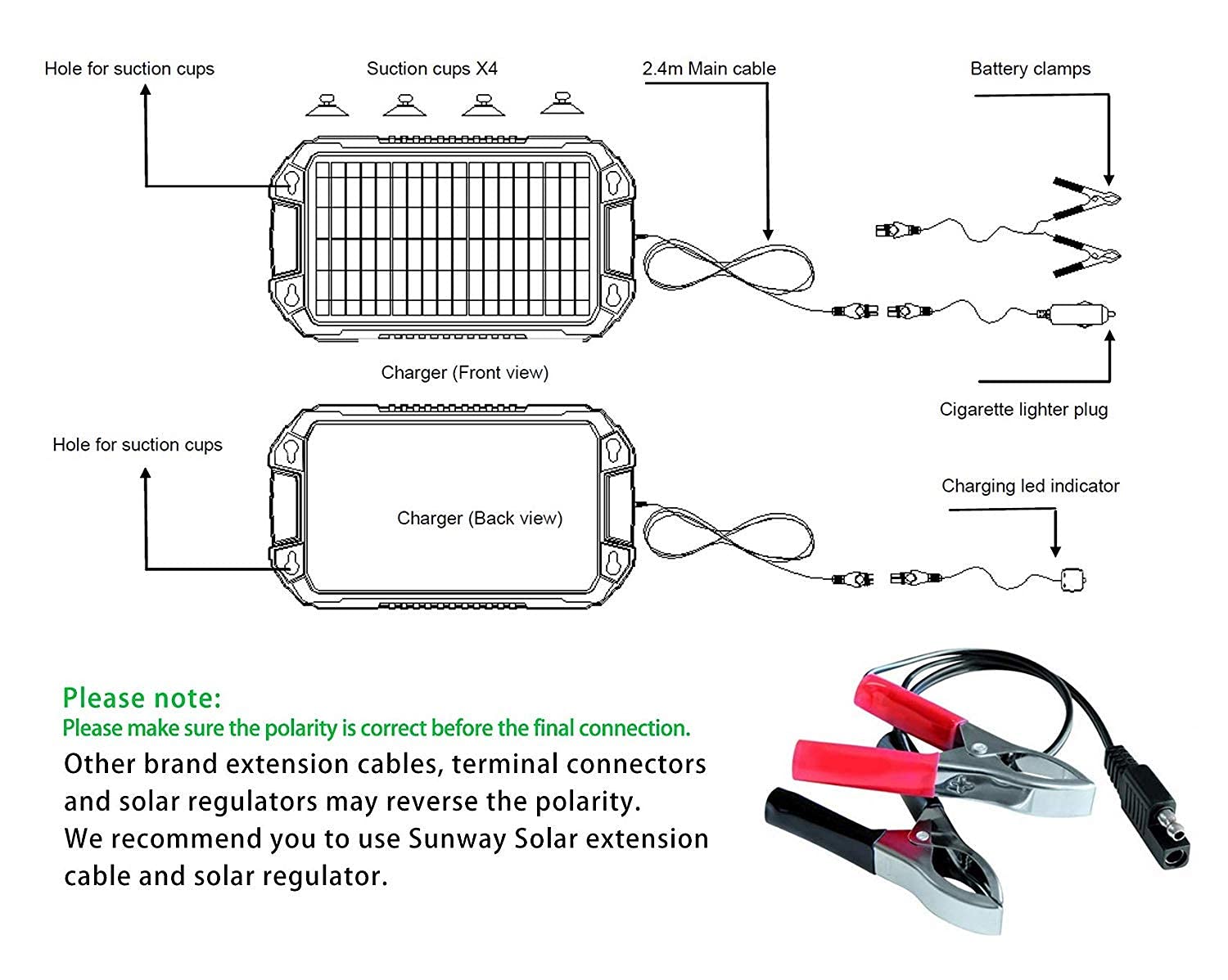 Sunway 12V 8W Solar Car Battery Trickle Charger & Maintainer - Waterproof Portable Solar Panel Power Kit for Automotive, RV, Boat, Motorcycle, Trailer, Tractor - Ideal for Outdoor, Camping & Emergency Power Backup