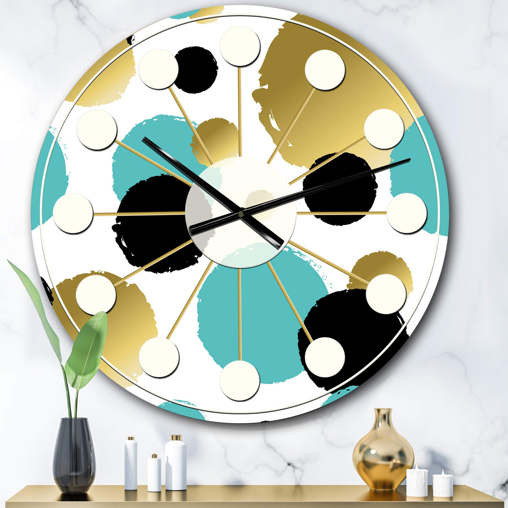Designart Gold and Blue Circles Mid-Century Modern Wall Clock - Round Metal Decorative Clock for Home, Living Room, Bedroom & Office Decor | Perfect for Boho, Retro & Contemporary Interior Design Styles
