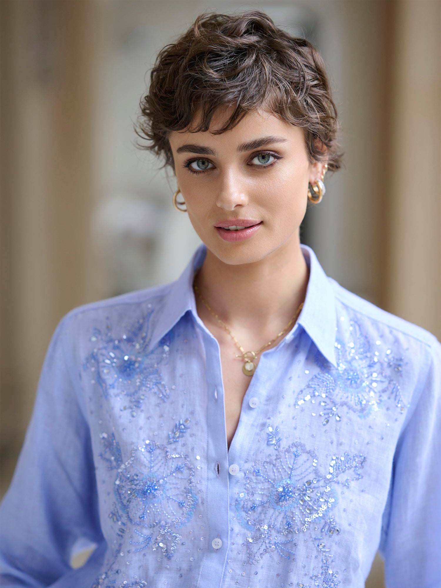 Agatha Beaded Linen Shirt for Women - Elegant Embroidered Blouse with Pearl Details - Perfect for Summer Outfits, Beach Vacations & Boho Chic Style