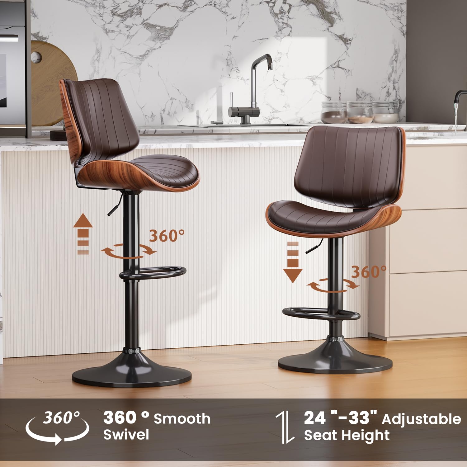 Adjustable Swivel Bar Stool with Backrest & Footrest - Modern PU Leather Upholstered Bentwood Bar Chair for Kitchen Island, Counter, Dining Room & Home Bar - Comfortable Seating for Entertaining, Breakfast Nook & Casual Dining (Brown)