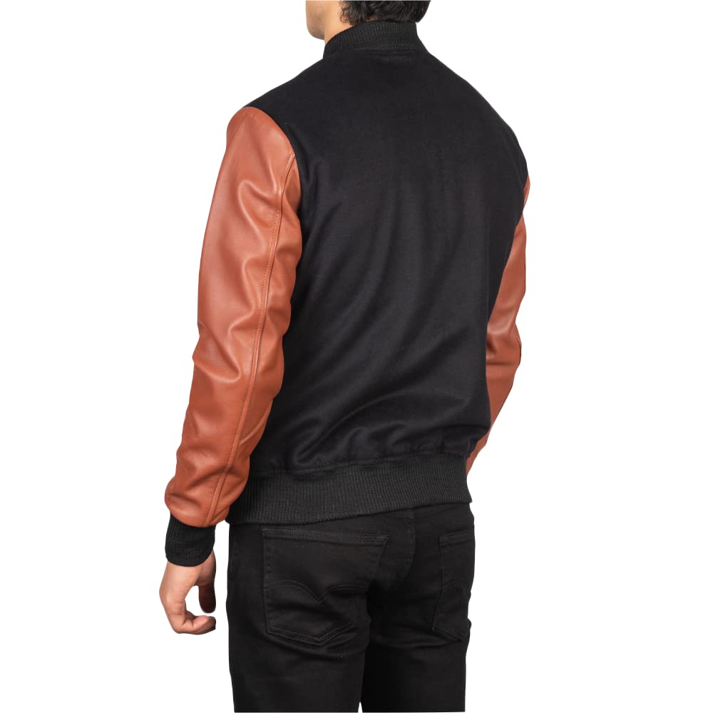 Men's Varsity Jacket Letterman - Black & Brown Leather Sleeves Baseball Jacket | Lightweight Letterman Jacket for School, Sports & Casual Wear
