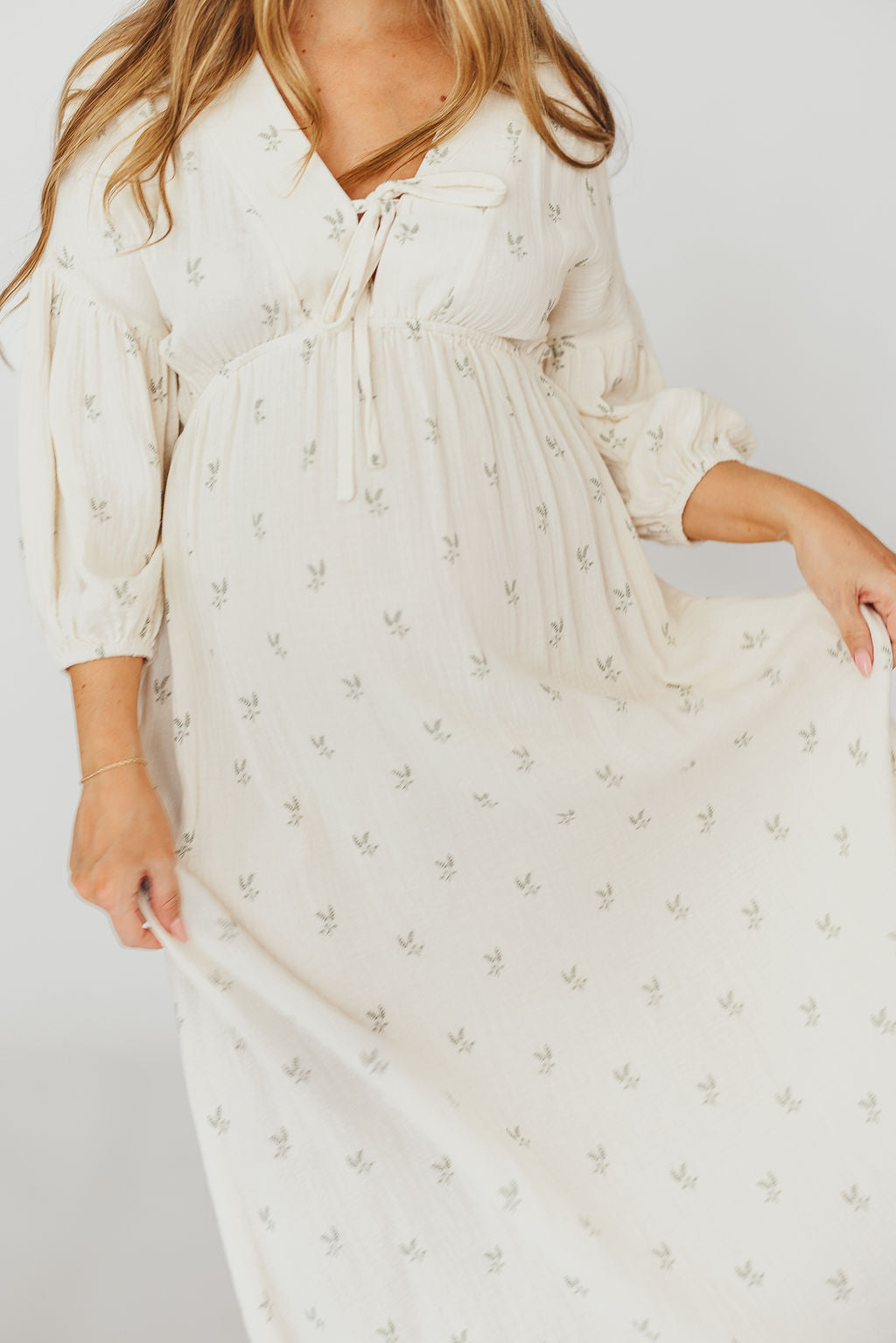 Hunter 100% Cotton Gauze Midi Dress in Soy/Sage Foliage - Bump Friendly Maternity Dress, Inclusive Sizing (XS-3X) - Perfect for Summer, Beach, and Boho Style Outfits