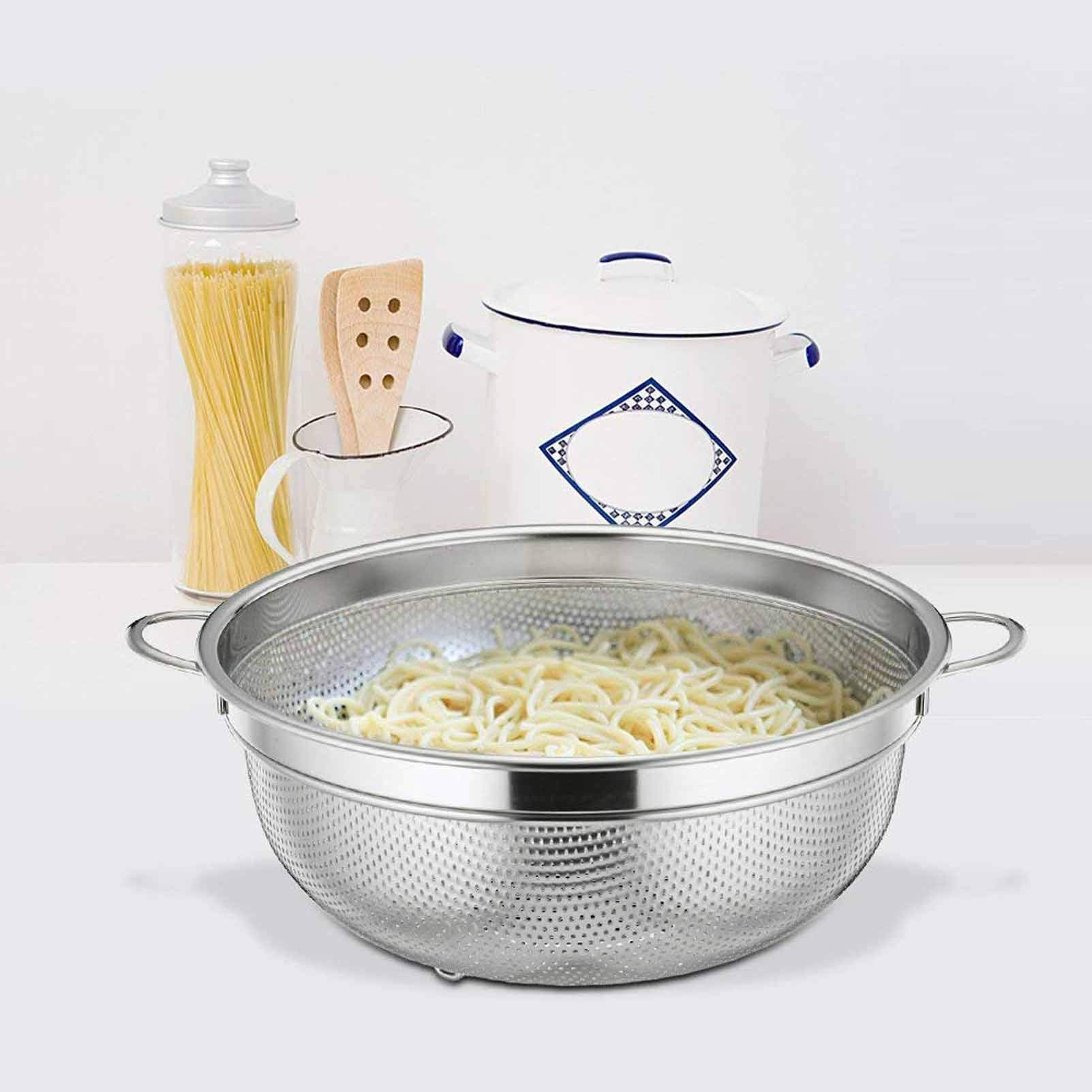 TeamFar 3qt Stainless Steel Colander Strainer with Solid Handle & Elevation Base - Micro-Perforated Design, Dishwasher Safe - Perfect for Pasta, Vegetables & Fruit Washing in Kitchens & Restaurants