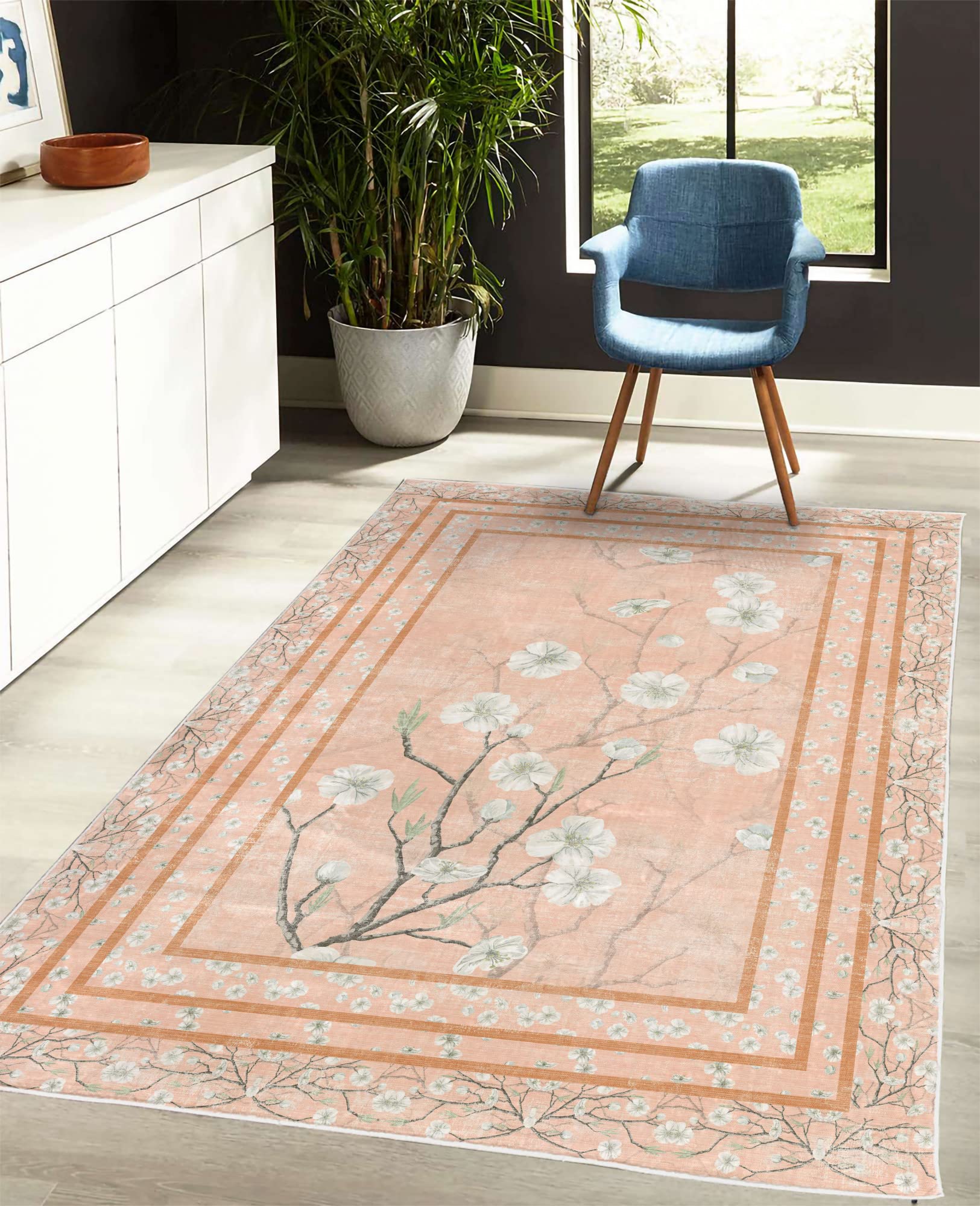 Ambesonne Floral Area Rug - Spring Apple Blossom Design with Nature-Inspired Branches, Soft Non-Slip Carpet for Bedroom, Living Room, Dorm (5'1