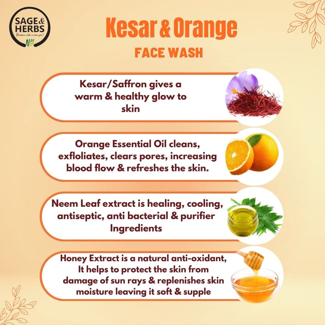 **Sage & Herbs Natural Brightening Kesar Orange Face Wash – Tan Removal & Skin Lightening, Reduces Dark Spots & Blemishes, 100ml – Perfect for Daily Glowing Skin Care Routine**