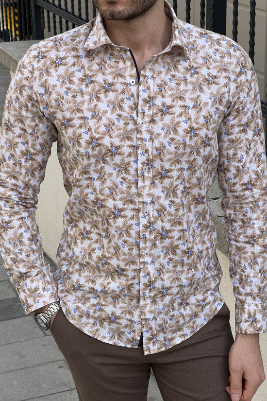 Slim Fit High Quality Patterned Cotton Beige Shirt