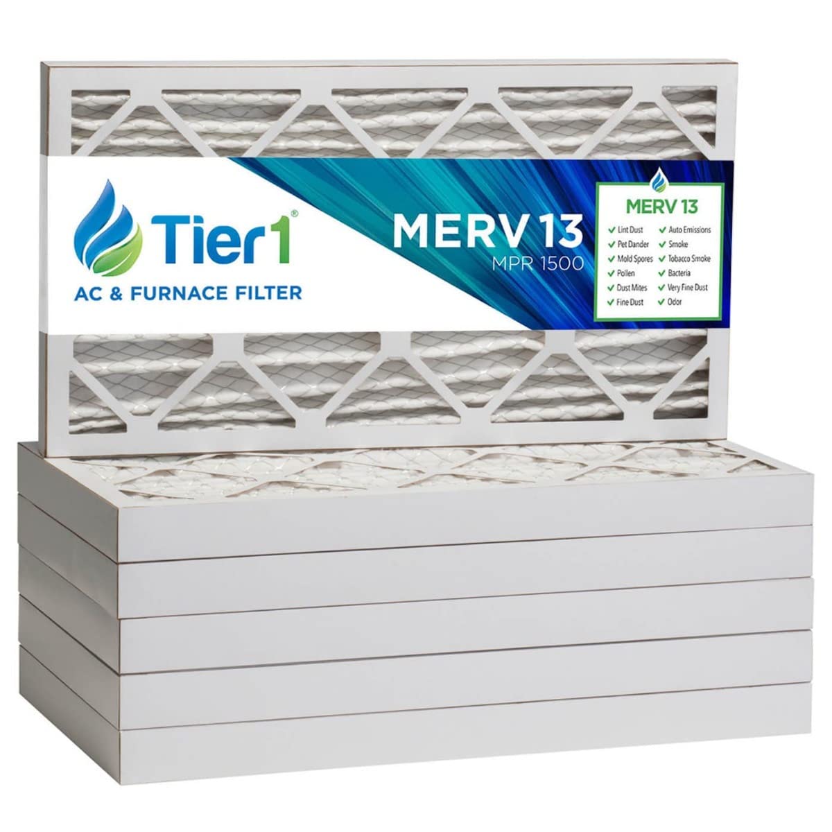 Tier1 16x25x2 MERV 13 Pleated Air Furnace Filters - 6 Pack | High Efficiency HVAC Replacement Filters for Home & Office Air Purification