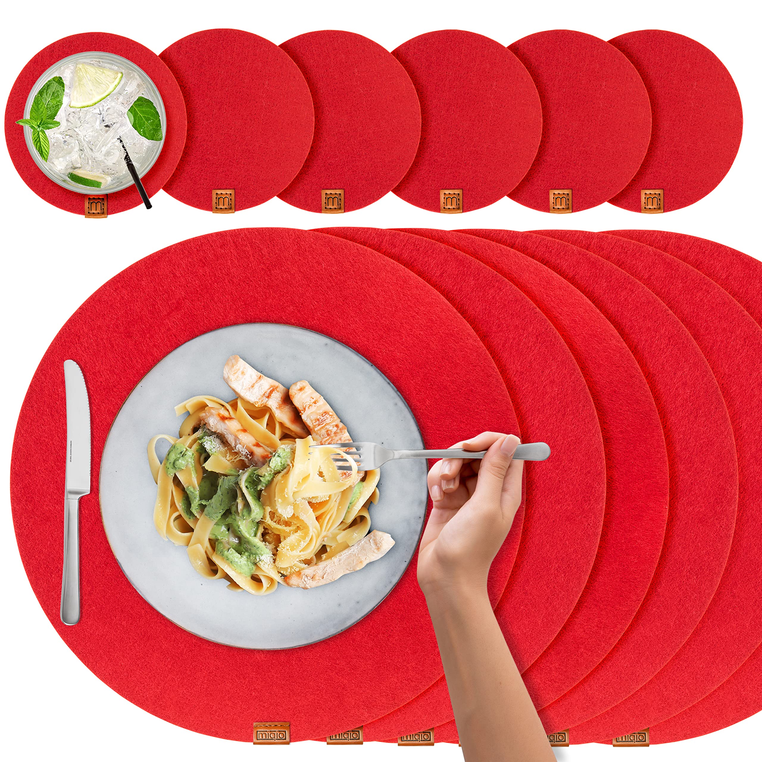 MIQIO® 6-Pack Felt Placemats Set with Glass Coasters - 15 Inch Round Washable Table Mats for Indoor Dining & Outdoor Patio Use - Elegant Red Home Decor